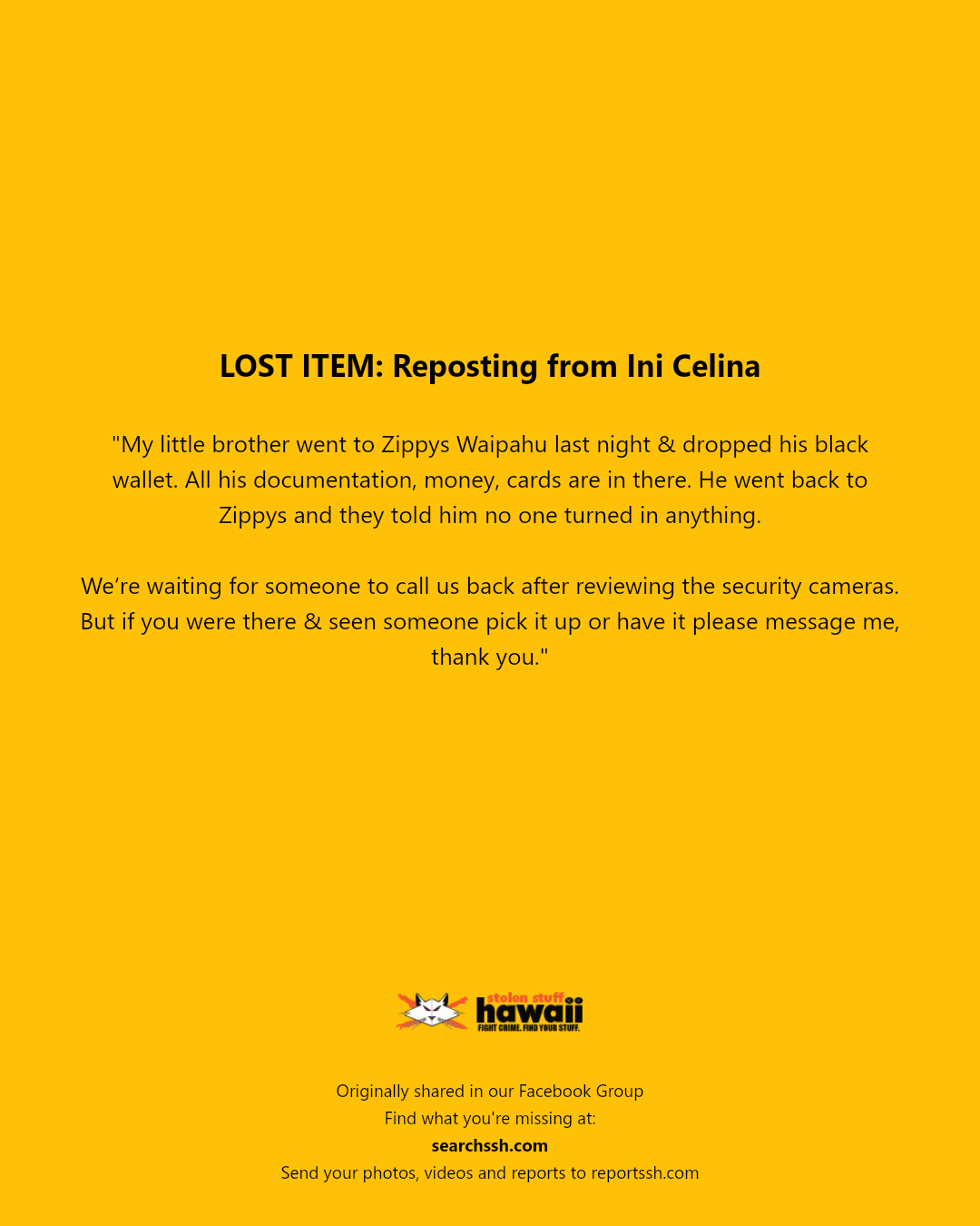 LOST ITEM - Zippys Waipahu | Stolen Stuff Hawaii