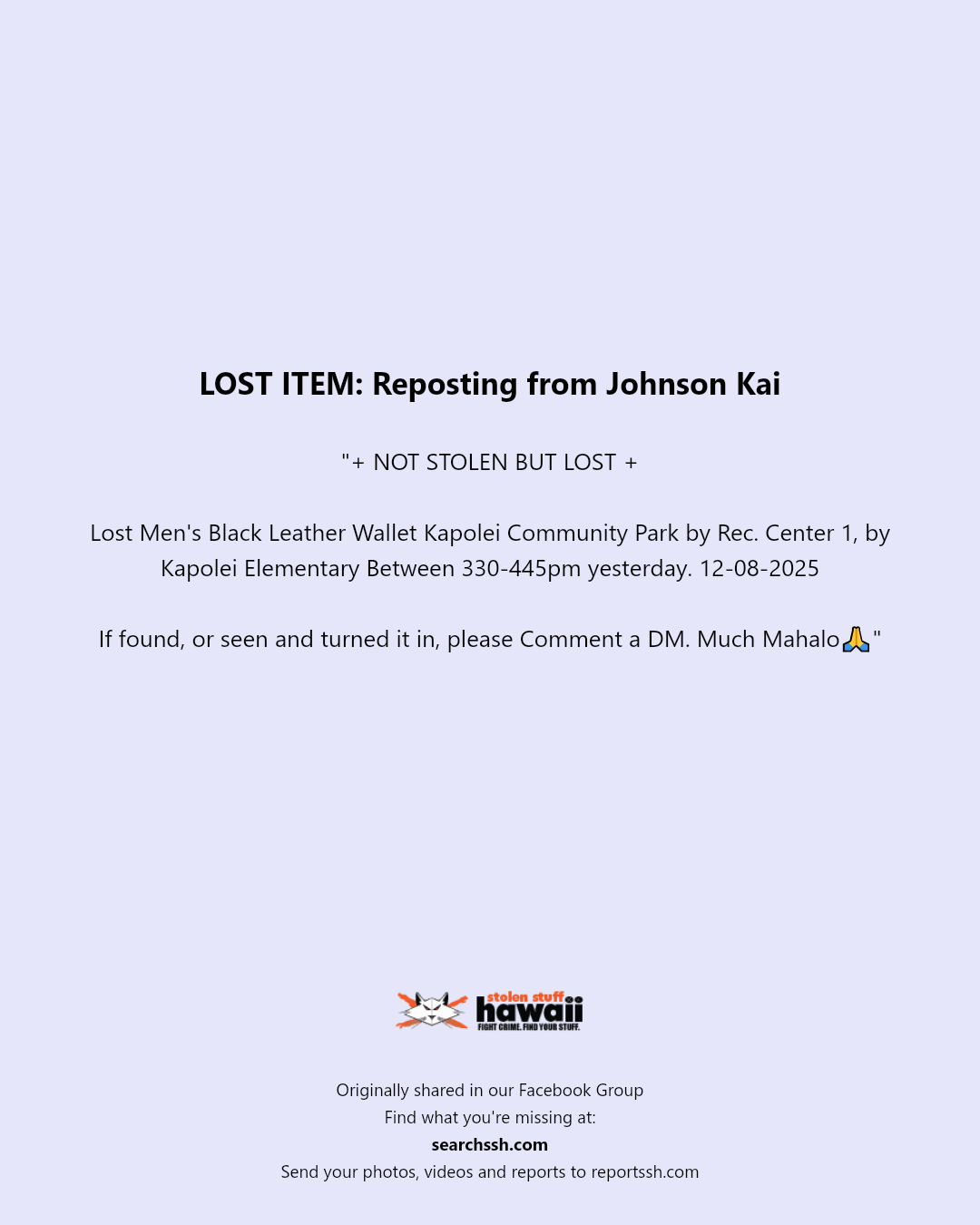 LOST ITEM - Kapolei Community Park, Kapolei, Oahu | Stolen Stuff Hawaii