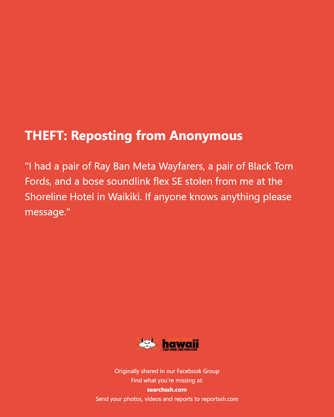 THEFT - Shoreline Hotel, Waikiki, Oahu | Stolen Stuff Hawaii