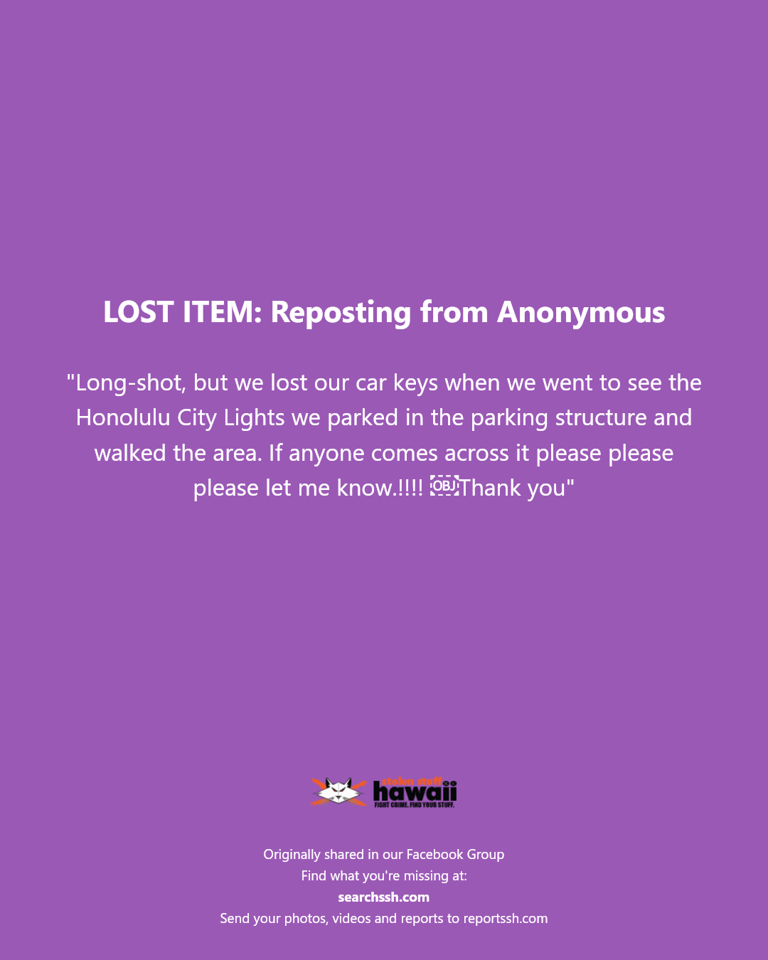 LOST ITEM - Honolulu City Lights, Honolulu, Oahu | Stolen Stuff Hawaii