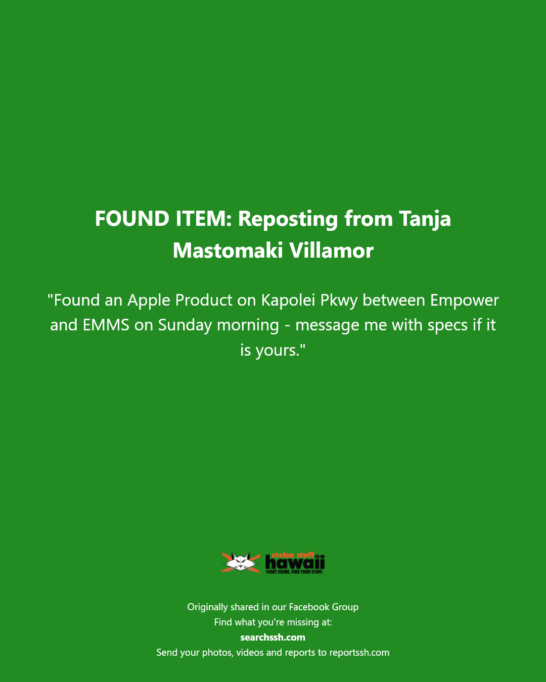 FOUND ITEM - Kapolei Pkwy between Empower and EMMS, Kapolei | Stolen Stuff Hawaii