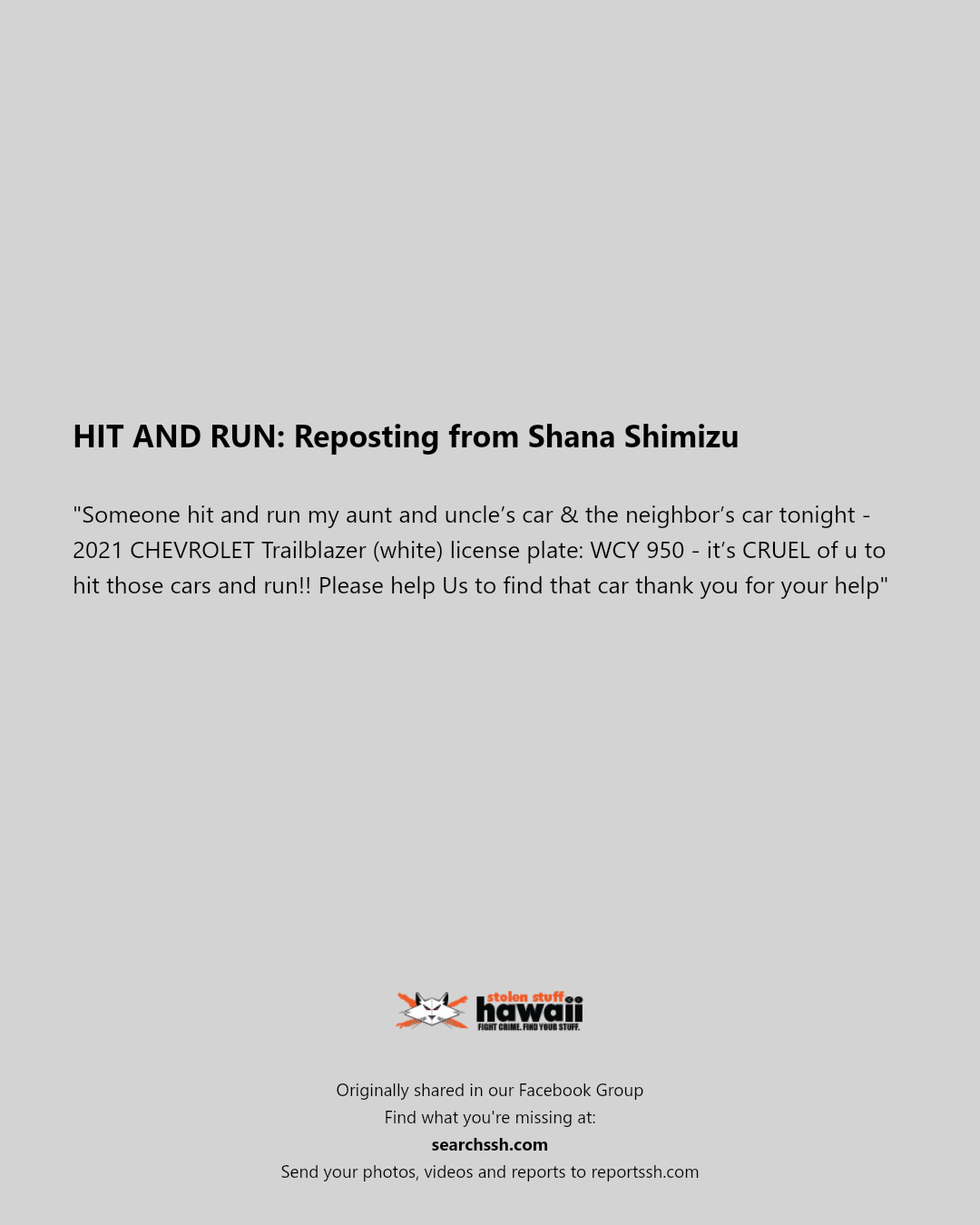 HIT AND RUN - Unknown | Stolen Stuff Hawaii
