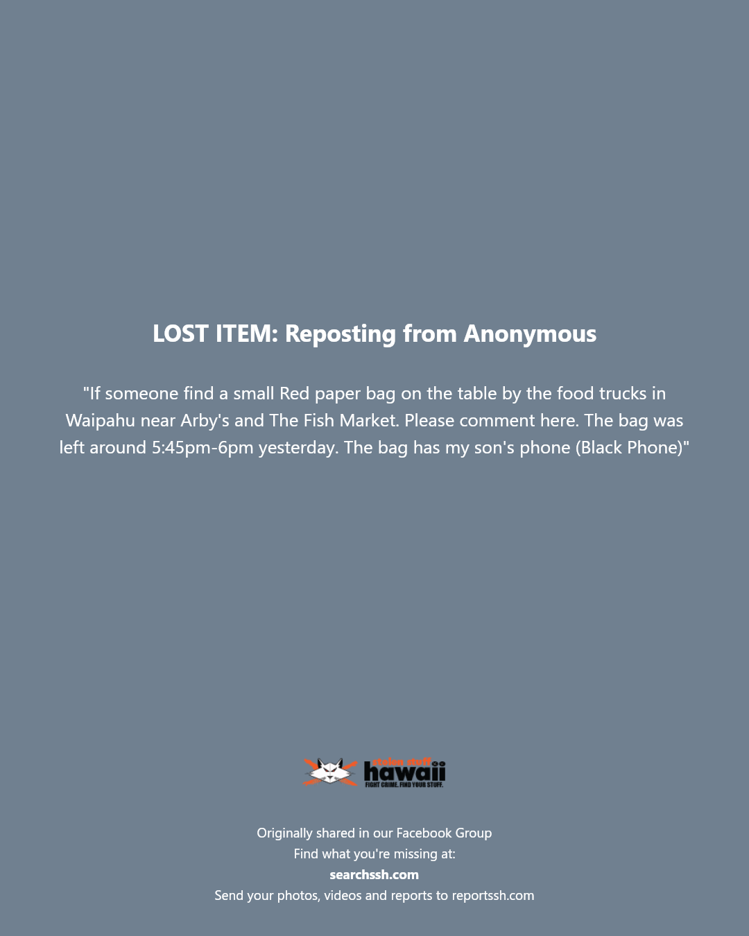 LOST ITEM - Waipahu, Oahu | Stolen Stuff Hawaii