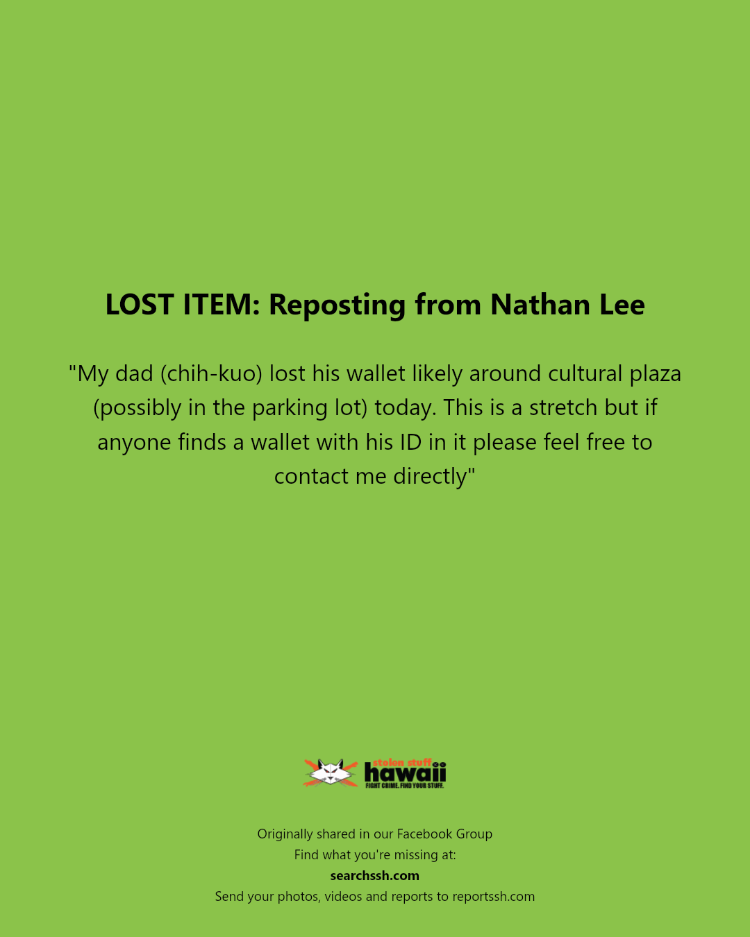LOST ITEM - Cultural Plaza, Honolulu, Oahu | Stolen Stuff Hawaii