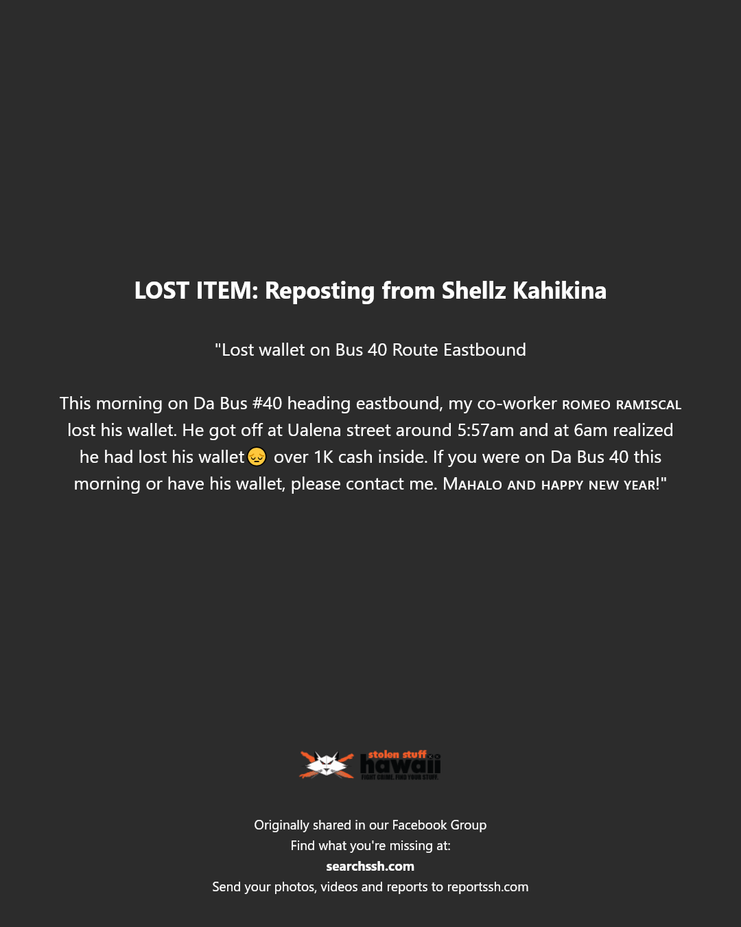 LOST ITEM - Ualena Street, Honolulu, Oahu | Stolen Stuff Hawaii