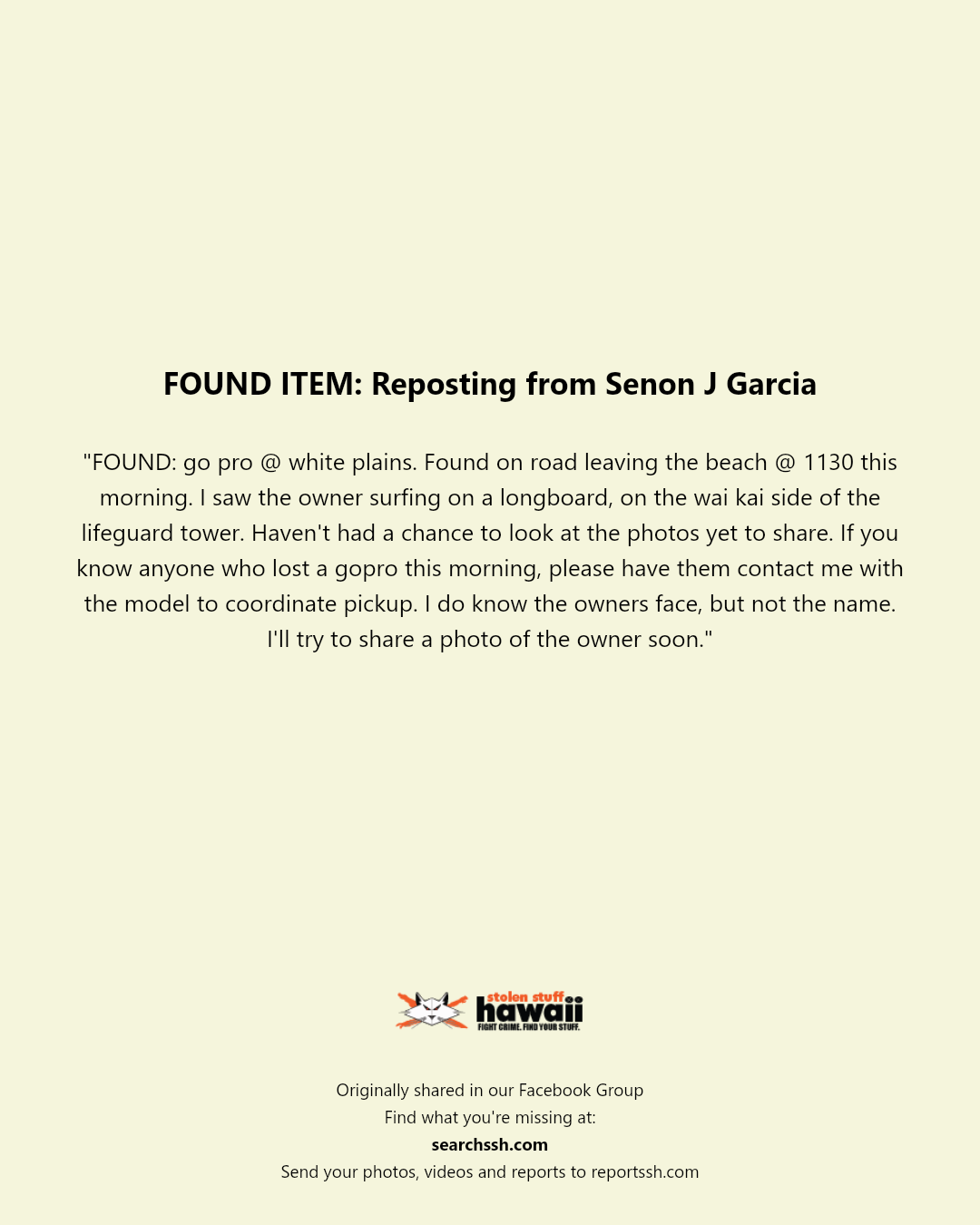 FOUND ITEM - White Plains Beach, Wai Kai, Oahu | Stolen Stuff Hawaii