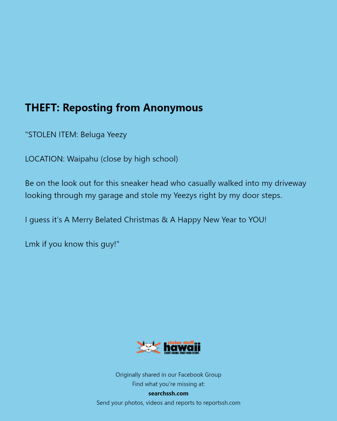 THEFT - Waipahu High School, Waipahu, Oahu | Stolen Stuff Hawaii