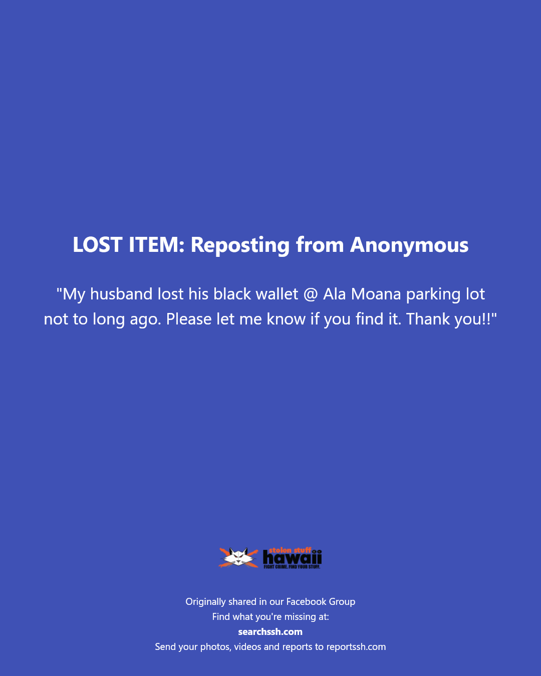 LOST ITEM - Ala Moana parking lot, Honolulu, Oahu | Stolen Stuff Hawaii