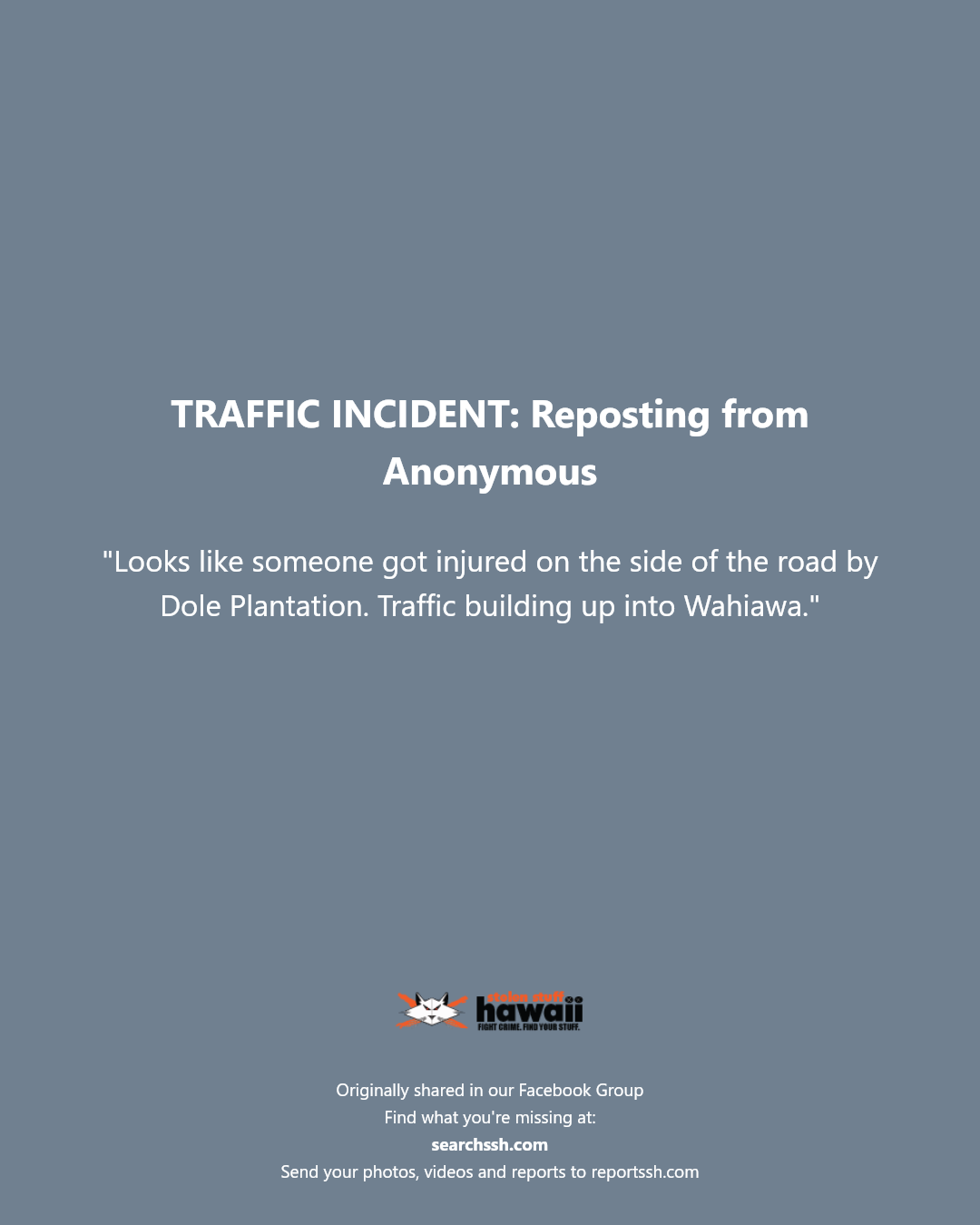 TRAFFIC INCIDENT - Dole Plantation, Wahiawa | Stolen Stuff Hawaii