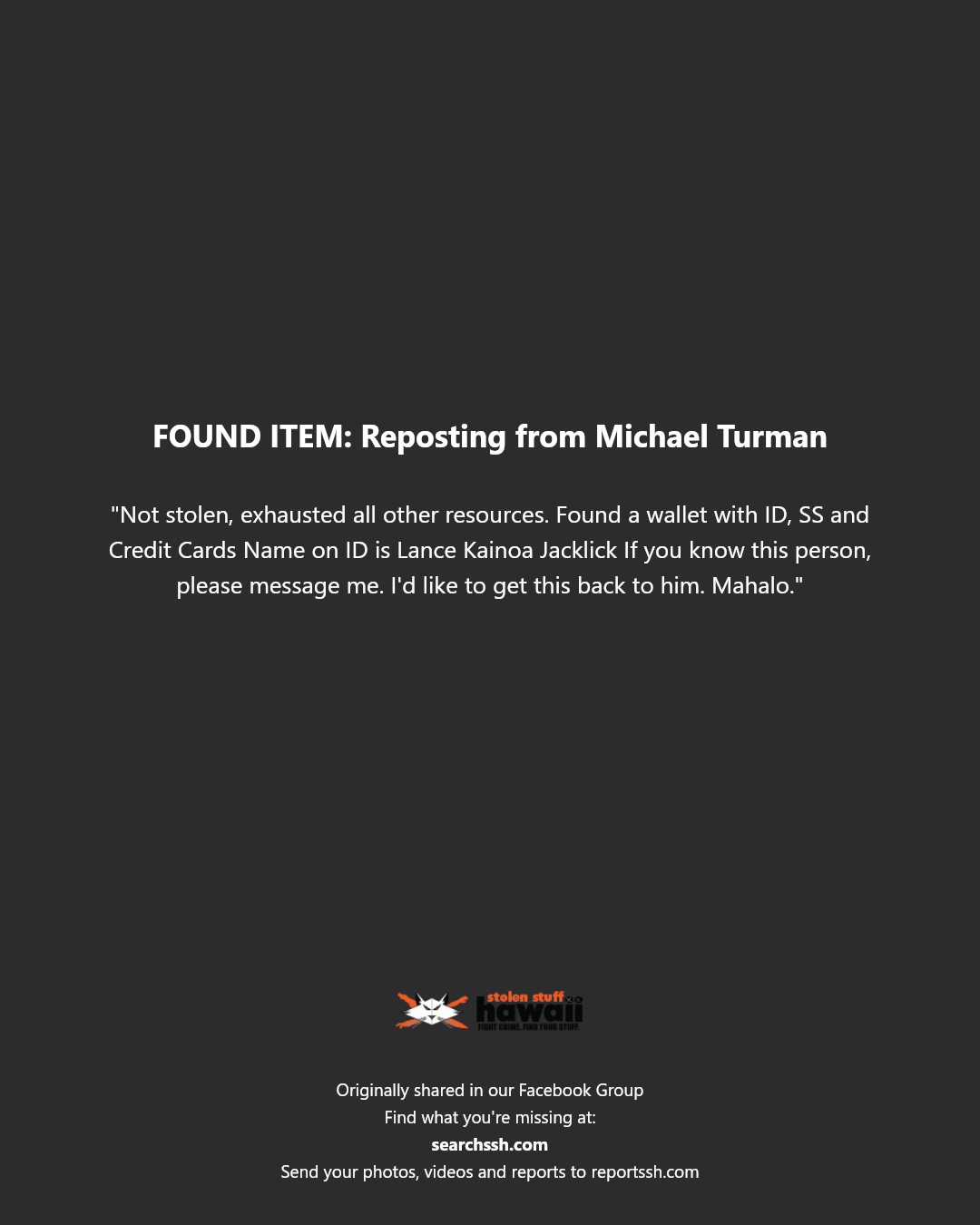 FOUND ITEM - Unknown | Stolen Stuff Hawaii