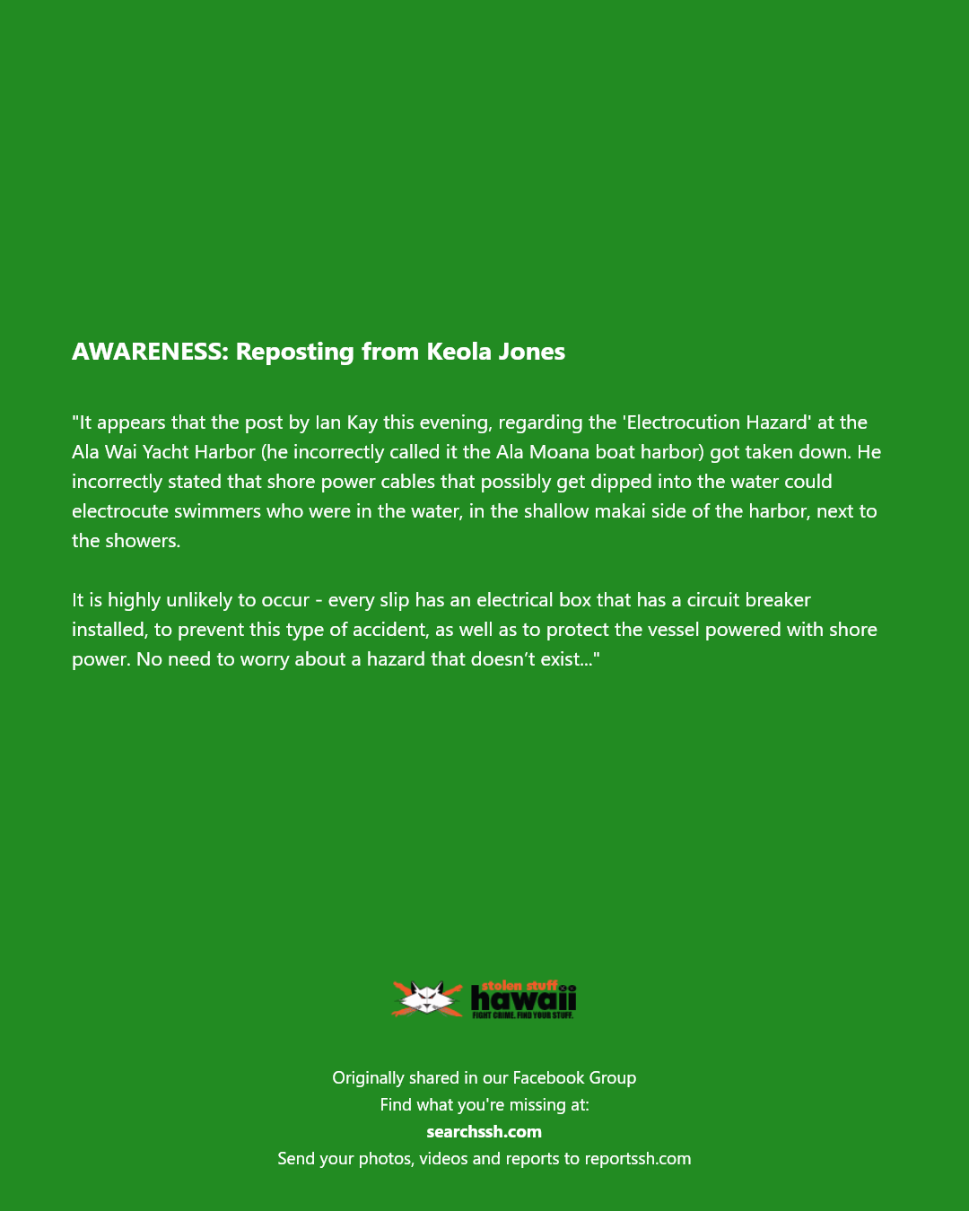 AWARENESS - Ala Wai Yacht Harbor, Honolulu, Oahu | Stolen Stuff Hawaii