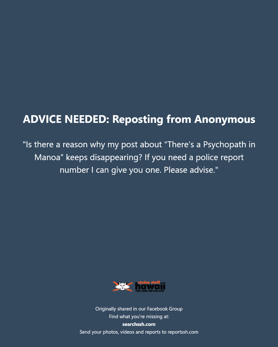 ADVICE NEEDED - Manoa, Honolulu, Oahu | Stolen Stuff Hawaii