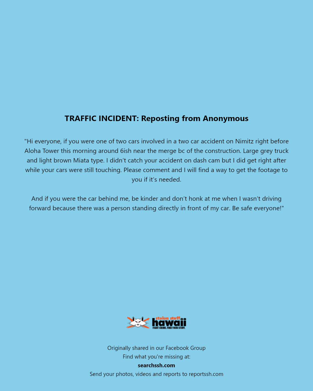 TRAFFIC INCIDENT - Nimitz Highway, near Aloha Tower, Honolulu | Stolen Stuff Hawaii