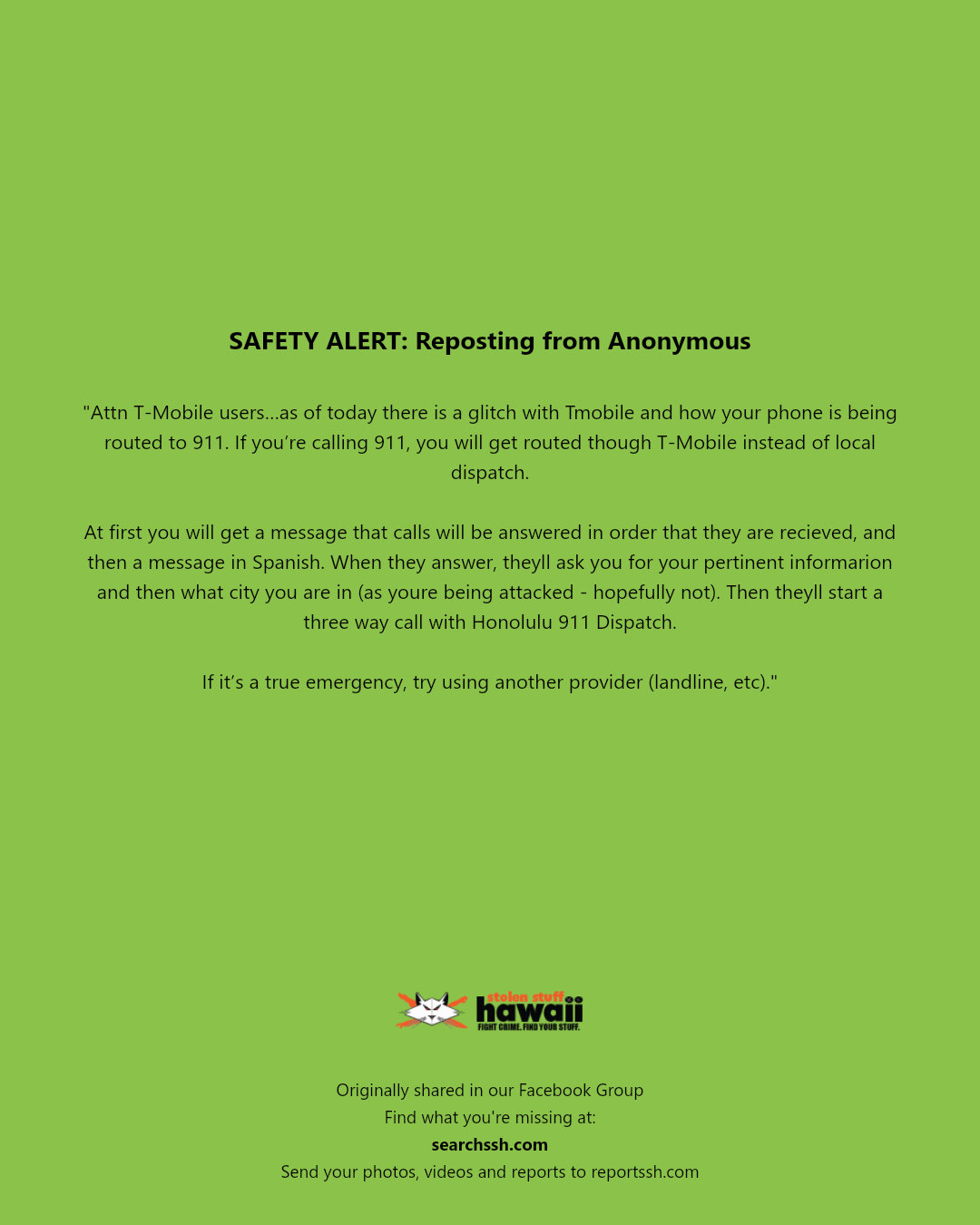 SAFETY ALERT - Unknown | Stolen Stuff Hawaii