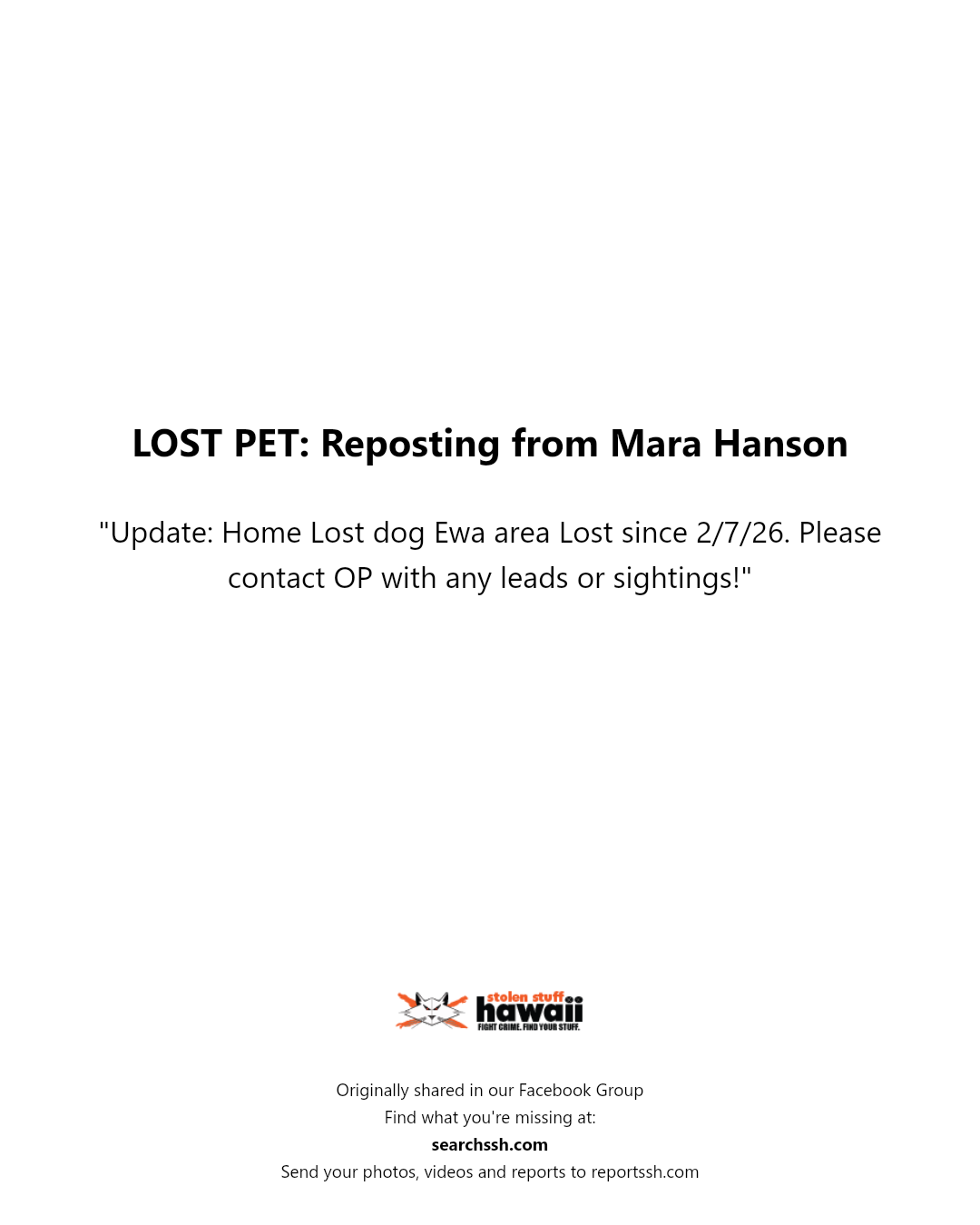 LOST PET - Ewa area, Oahu | Stolen Stuff Hawaii