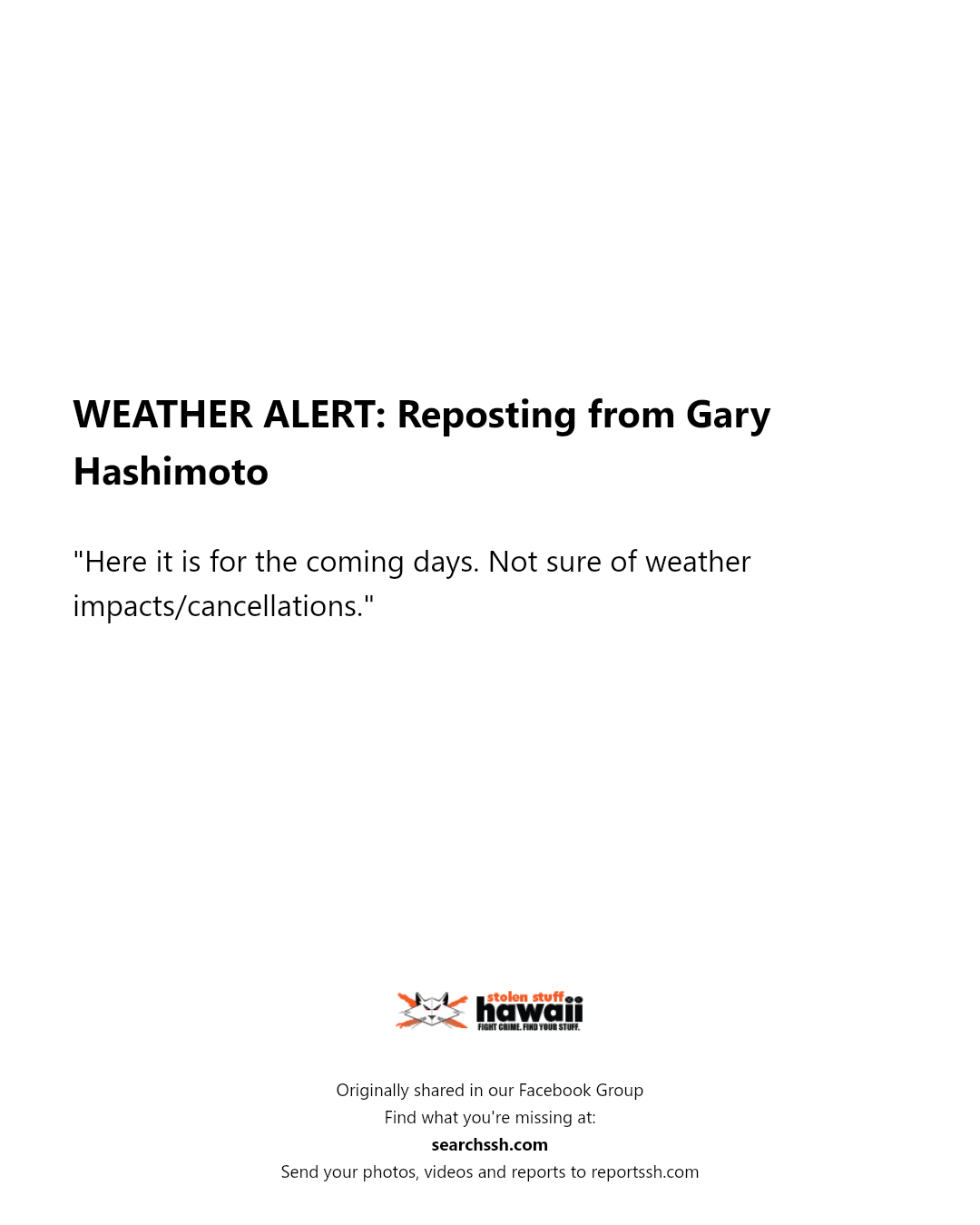 WEATHER ALERT - Unknown | Stolen Stuff Hawaii