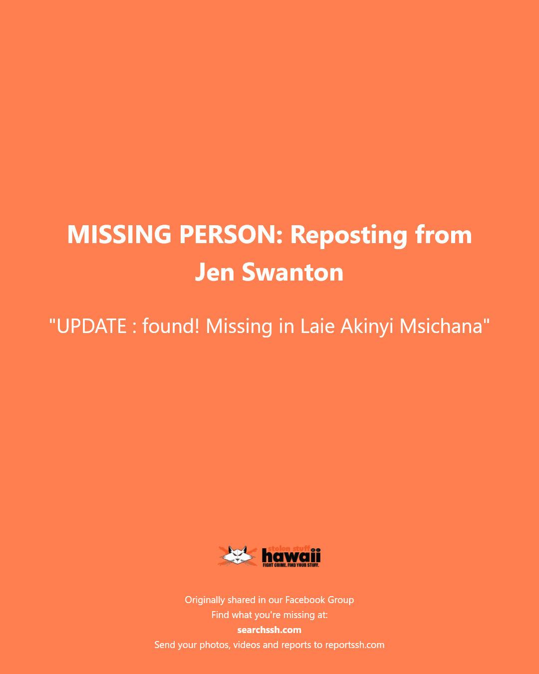 MISSING PERSON - Laie, Oahu | Stolen Stuff Hawaii