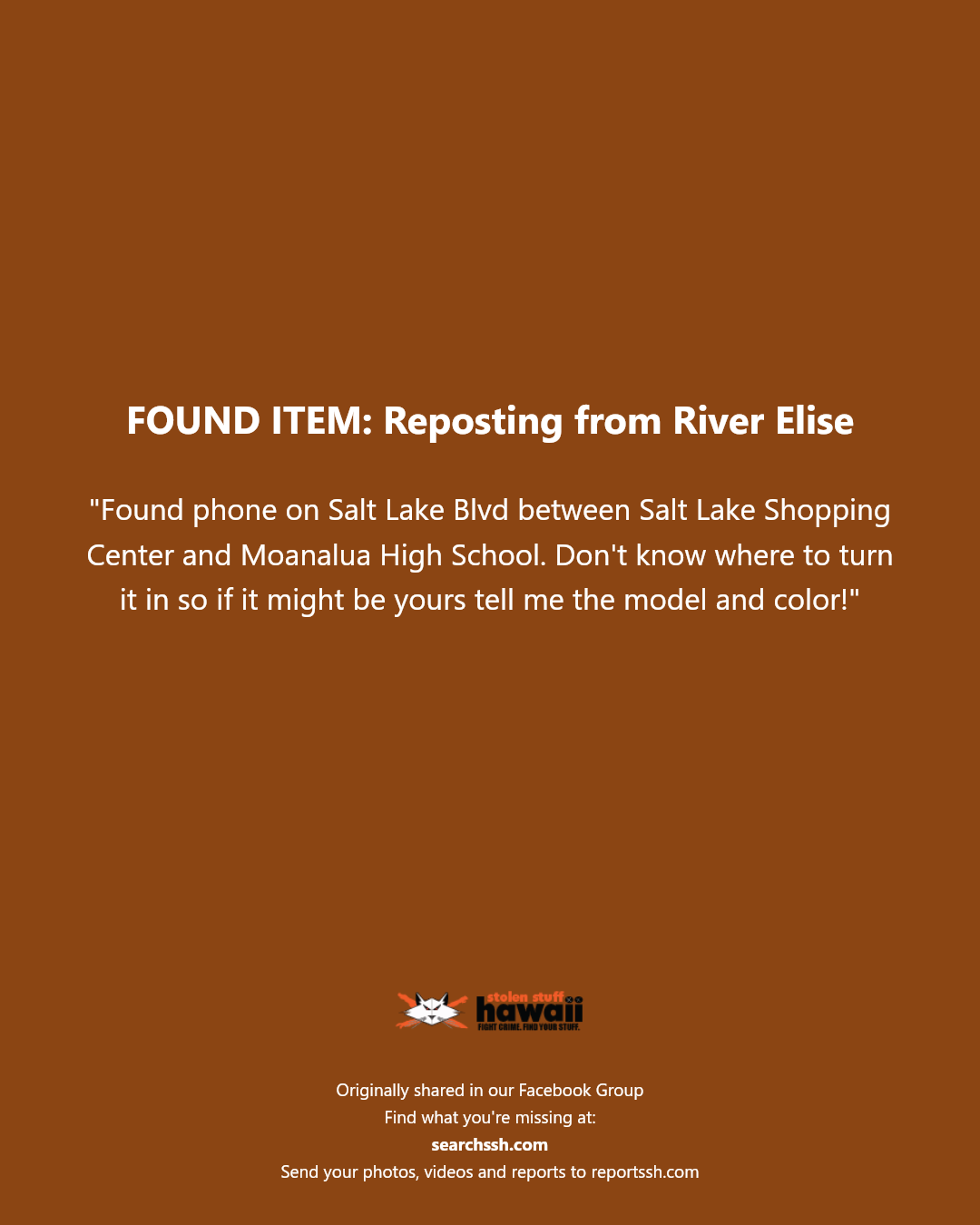 FOUND ITEM - Salt Lake Blvd, Honolulu, Oahu | Stolen Stuff Hawaii