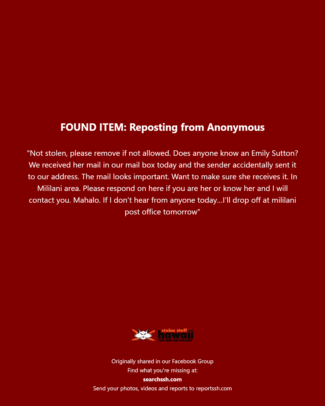FOUND ITEM - Mililani, Oahu | Stolen Stuff Hawaii