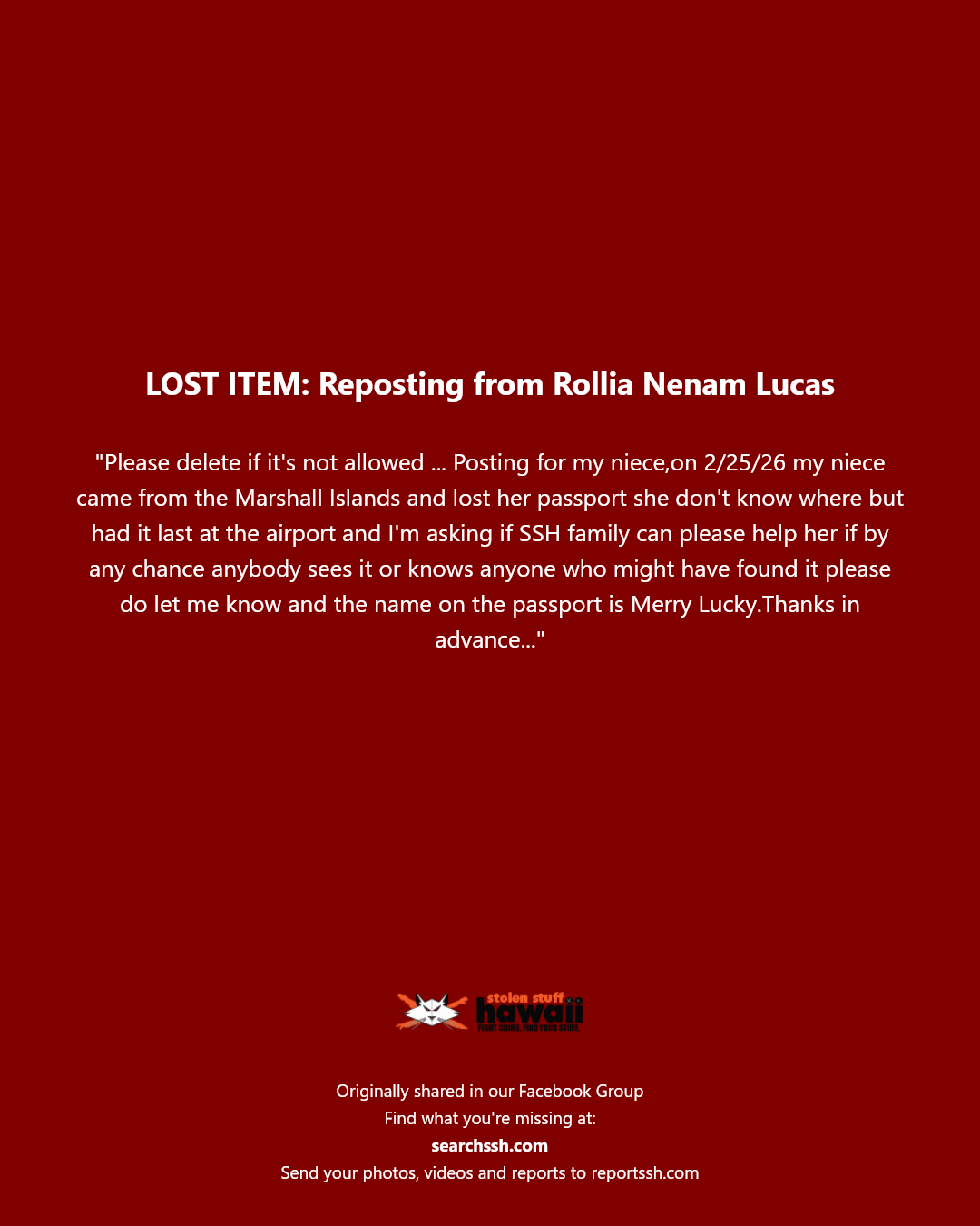 LOST ITEM - Unknown | Stolen Stuff Hawaii