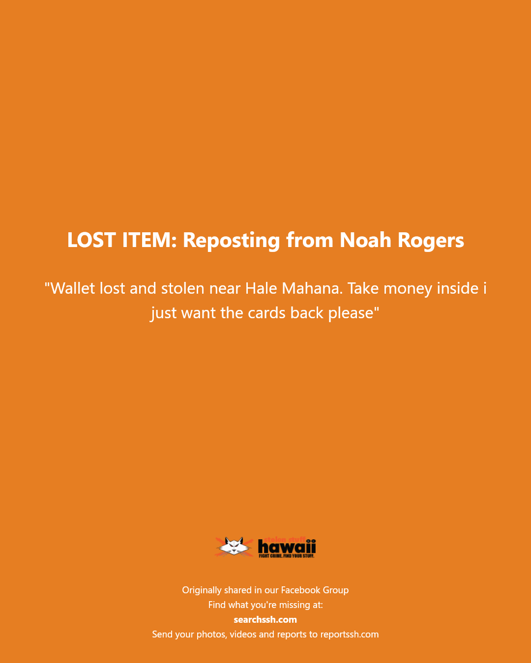 LOST ITEM - Hale Mahana, Honolulu, Oahu | Stolen Stuff Hawaii