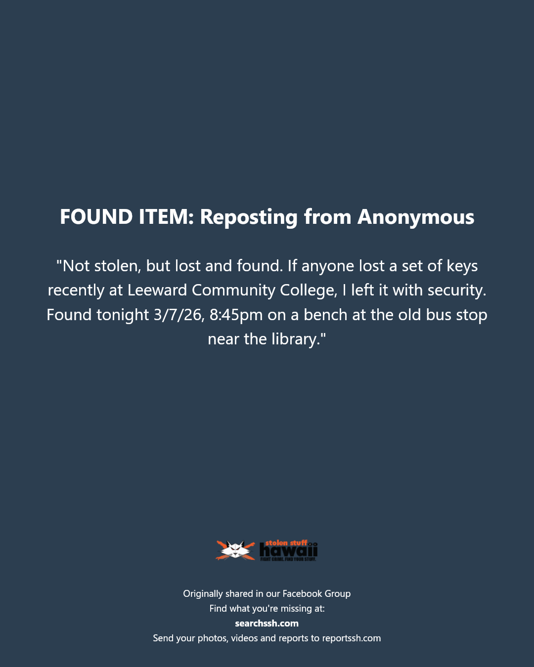 FOUND ITEM - Leeward Community College, Pearl City, Oahu | Stolen Stuff Hawaii