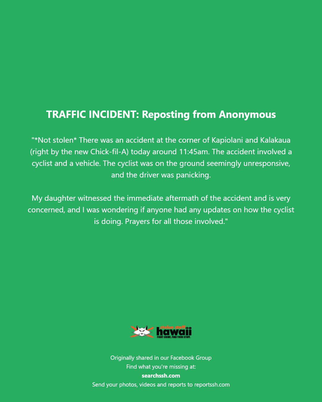 TRAFFIC INCIDENT - Corner of Kapiolani Avenue and Kalakaua Avenue, Honolulu | Stolen Stuff Hawaii
