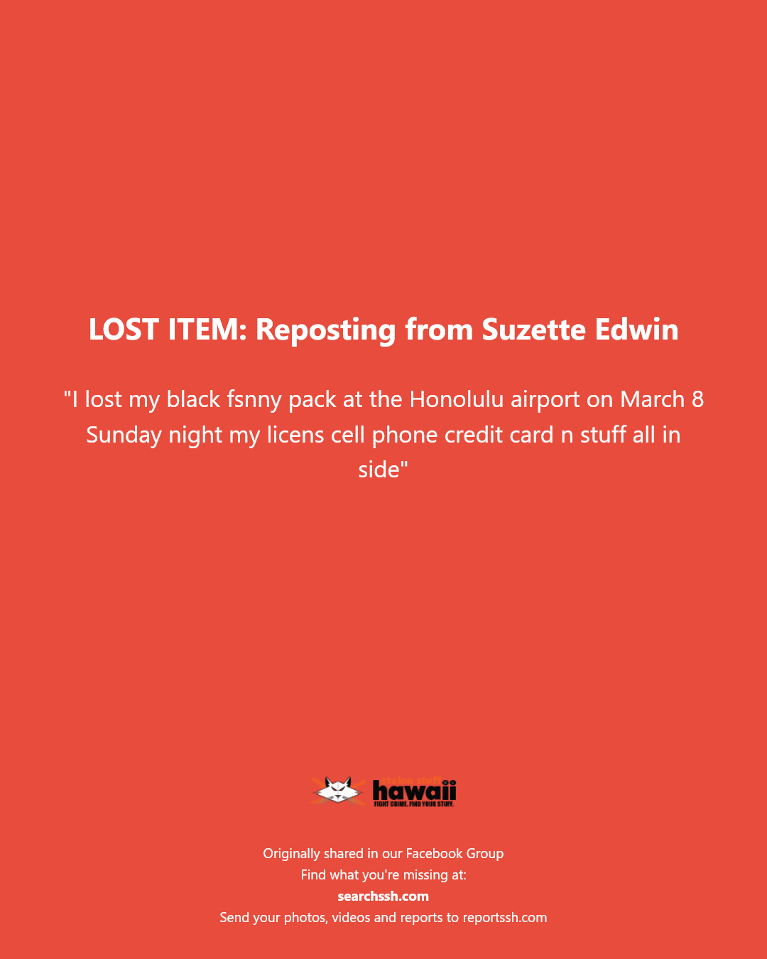 LOST ITEM - Honolulu airport, Honolulu, Oahu | Stolen Stuff Hawaii