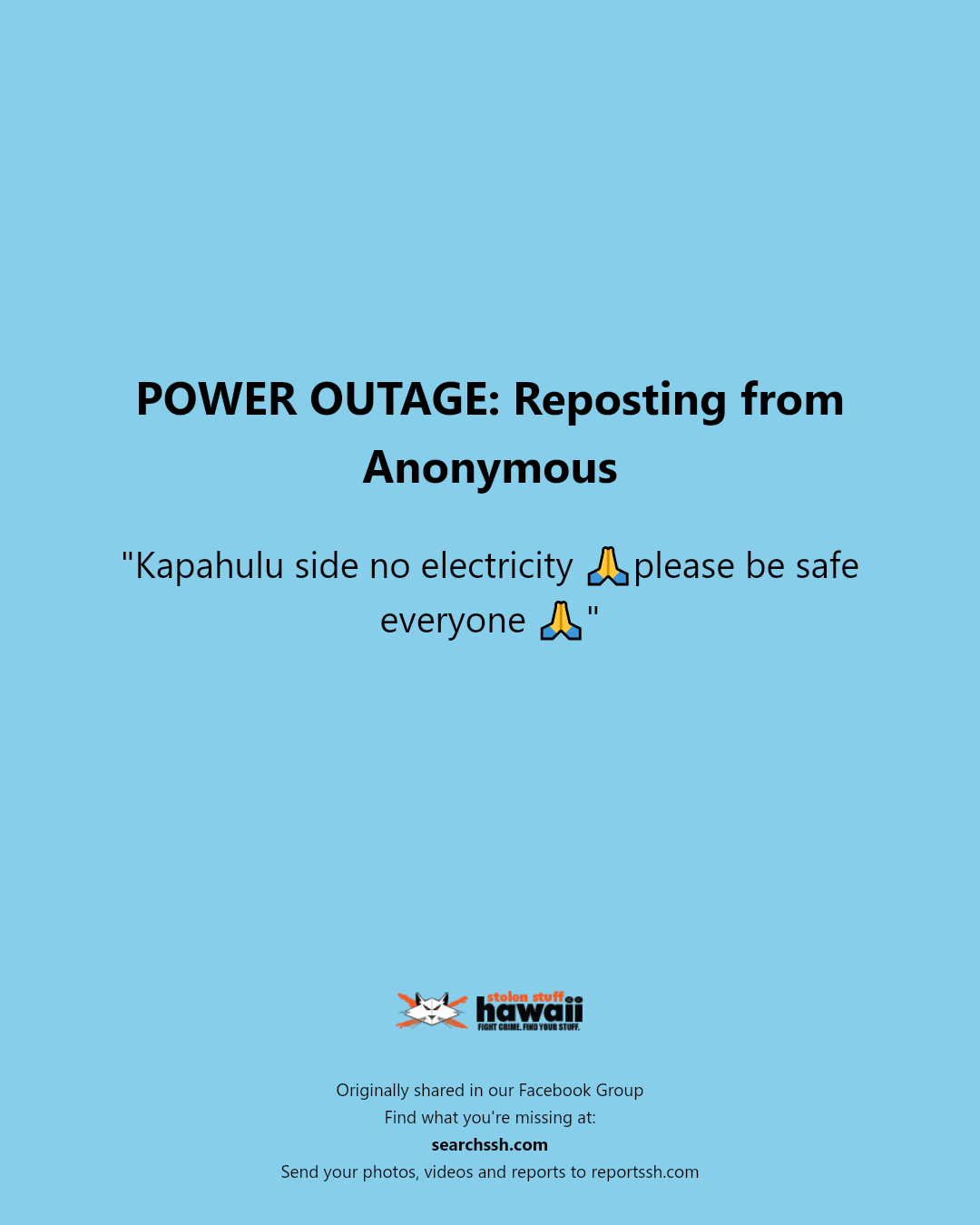 POWER OUTAGE - Kapahulu, Honolulu, Oahu | Stolen Stuff Hawaii