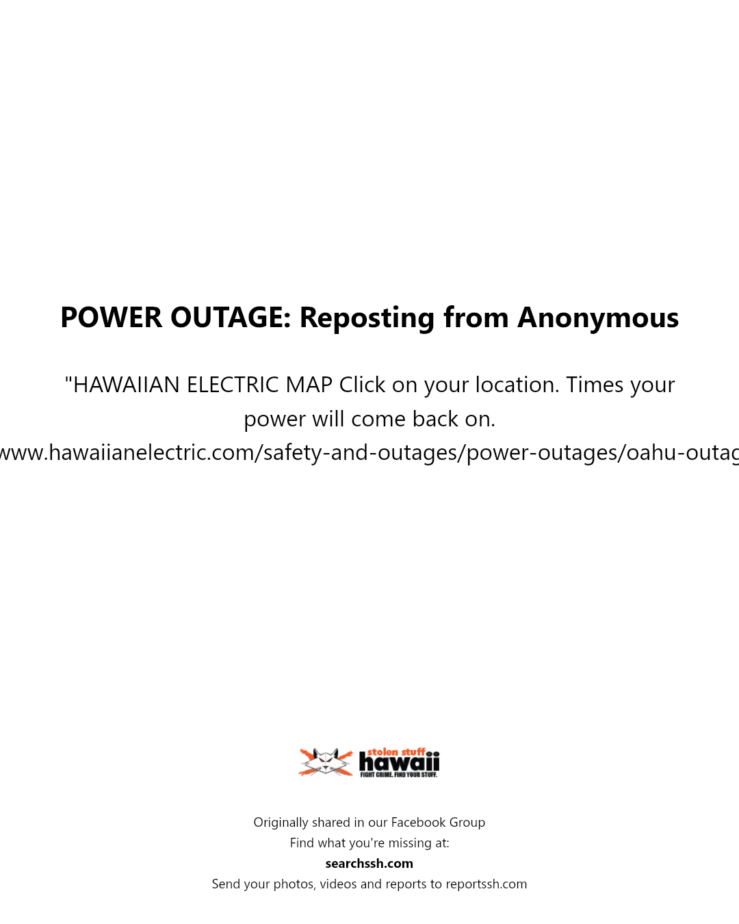POWER OUTAGE - Unknown | Stolen Stuff Hawaii