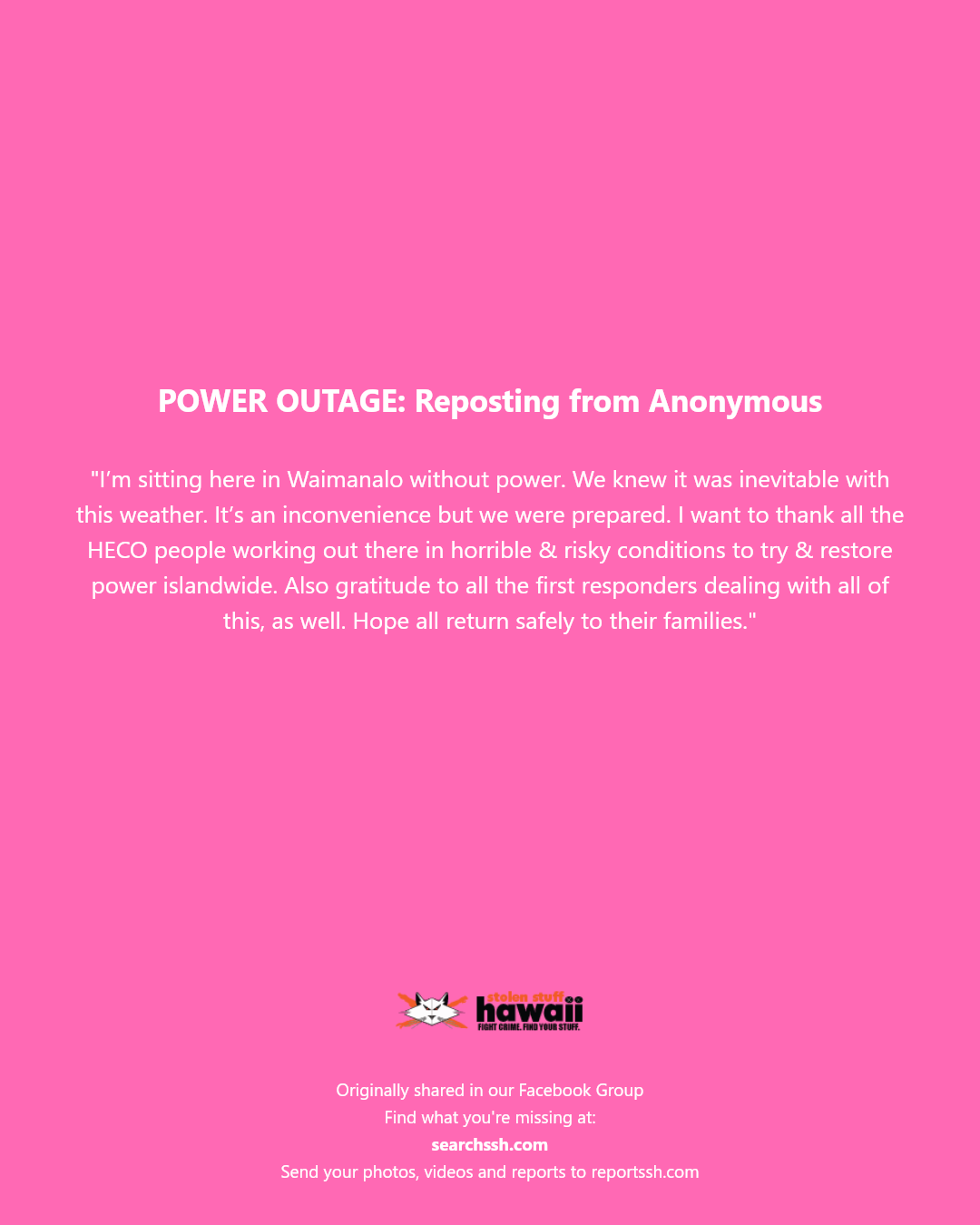 POWER OUTAGE - Unknown | Stolen Stuff Hawaii