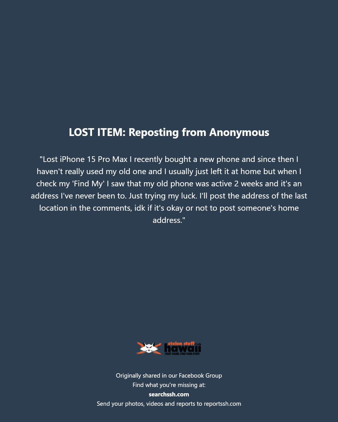 LOST ITEM - Unknown | Stolen Stuff Hawaii