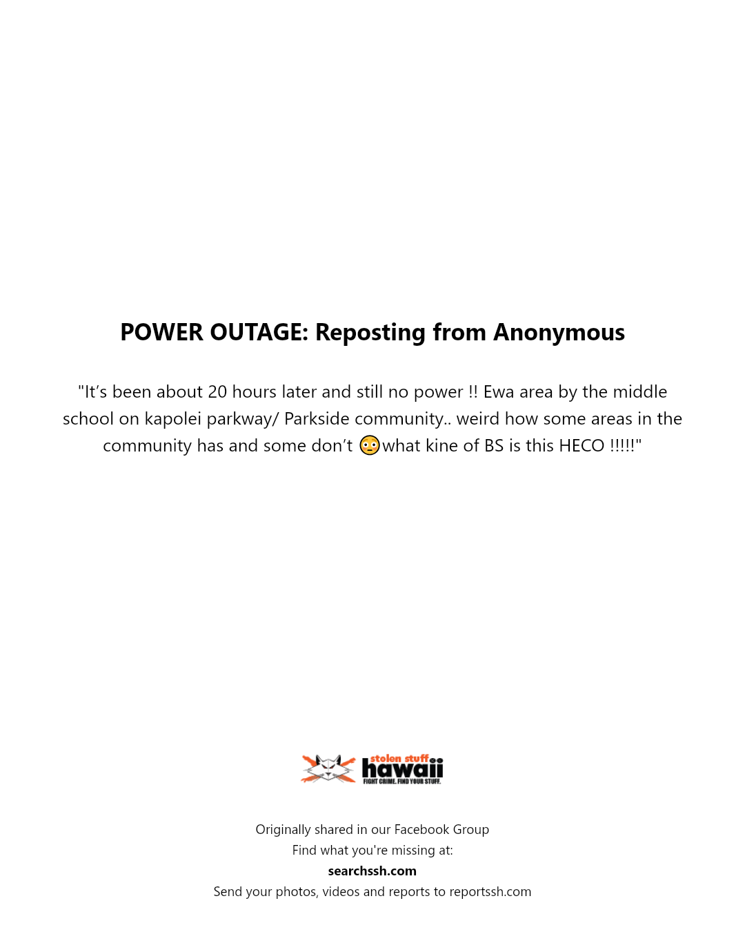 POWER OUTAGE - Ewa area, Kapolei Parkway, Parkside community | Stolen Stuff Hawaii