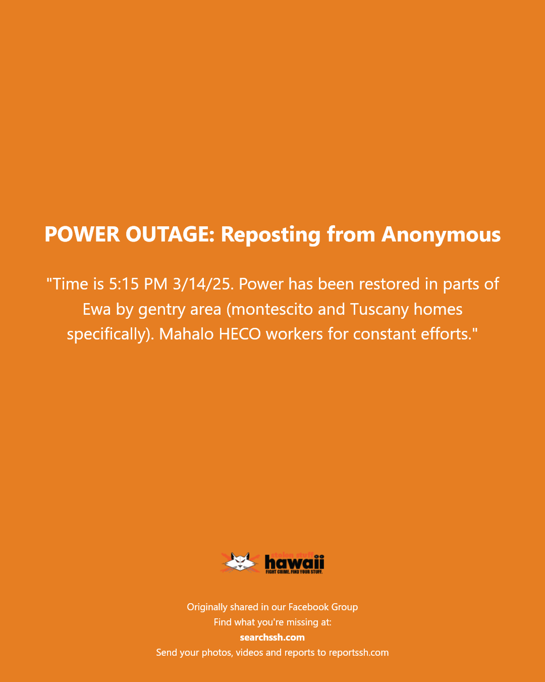 POWER OUTAGE - Gentry area, Ewa, Oahu | Stolen Stuff Hawaii
