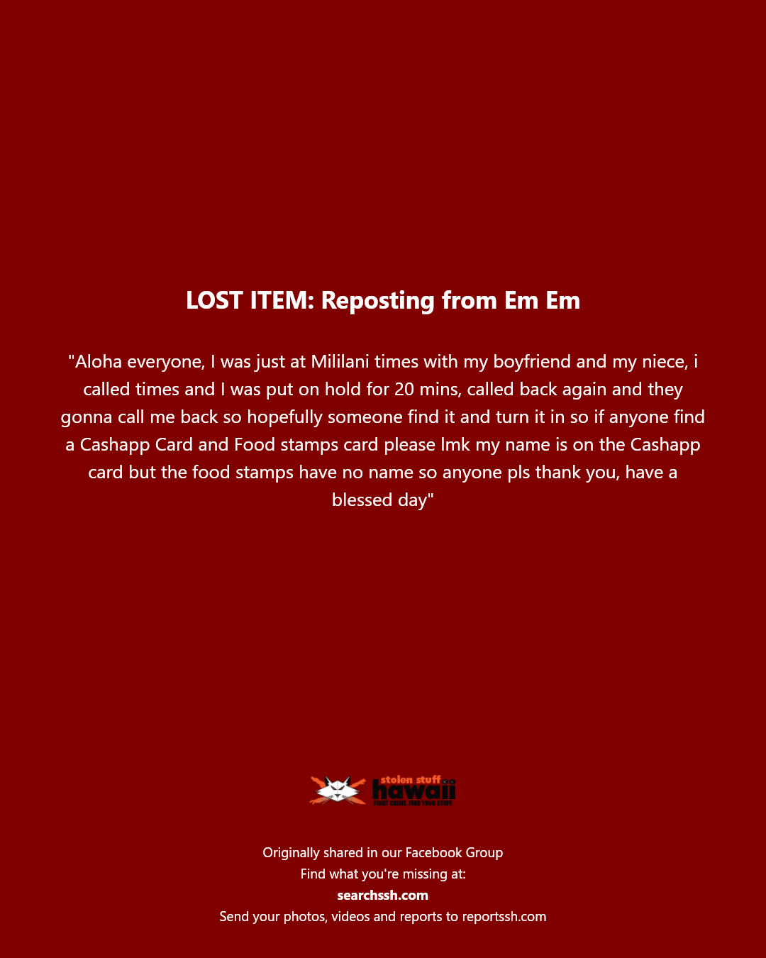 LOST ITEM - Mililani Town, Oahu | Stolen Stuff Hawaii