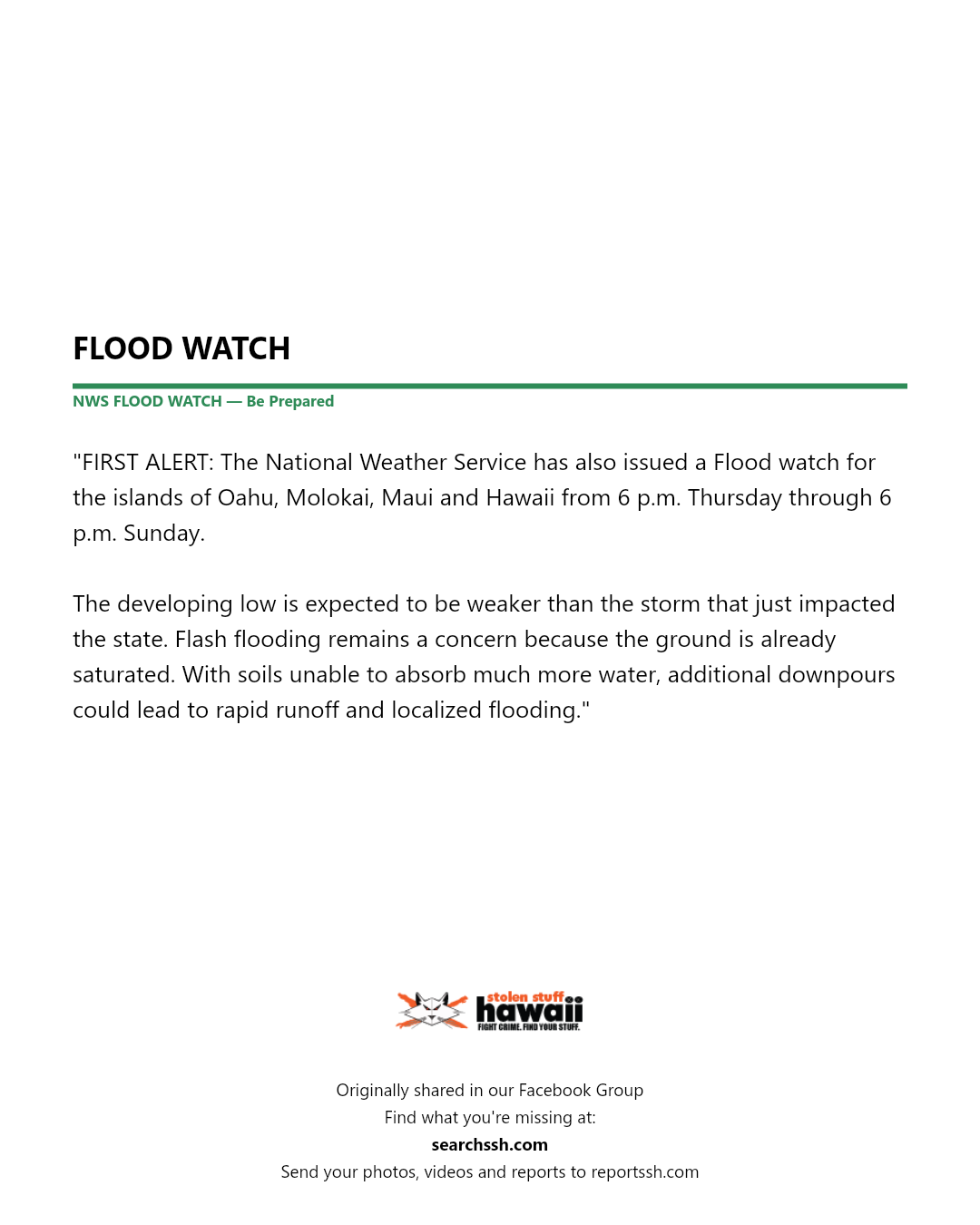 FLOOD WATCH - Unknown | Stolen Stuff Hawaii