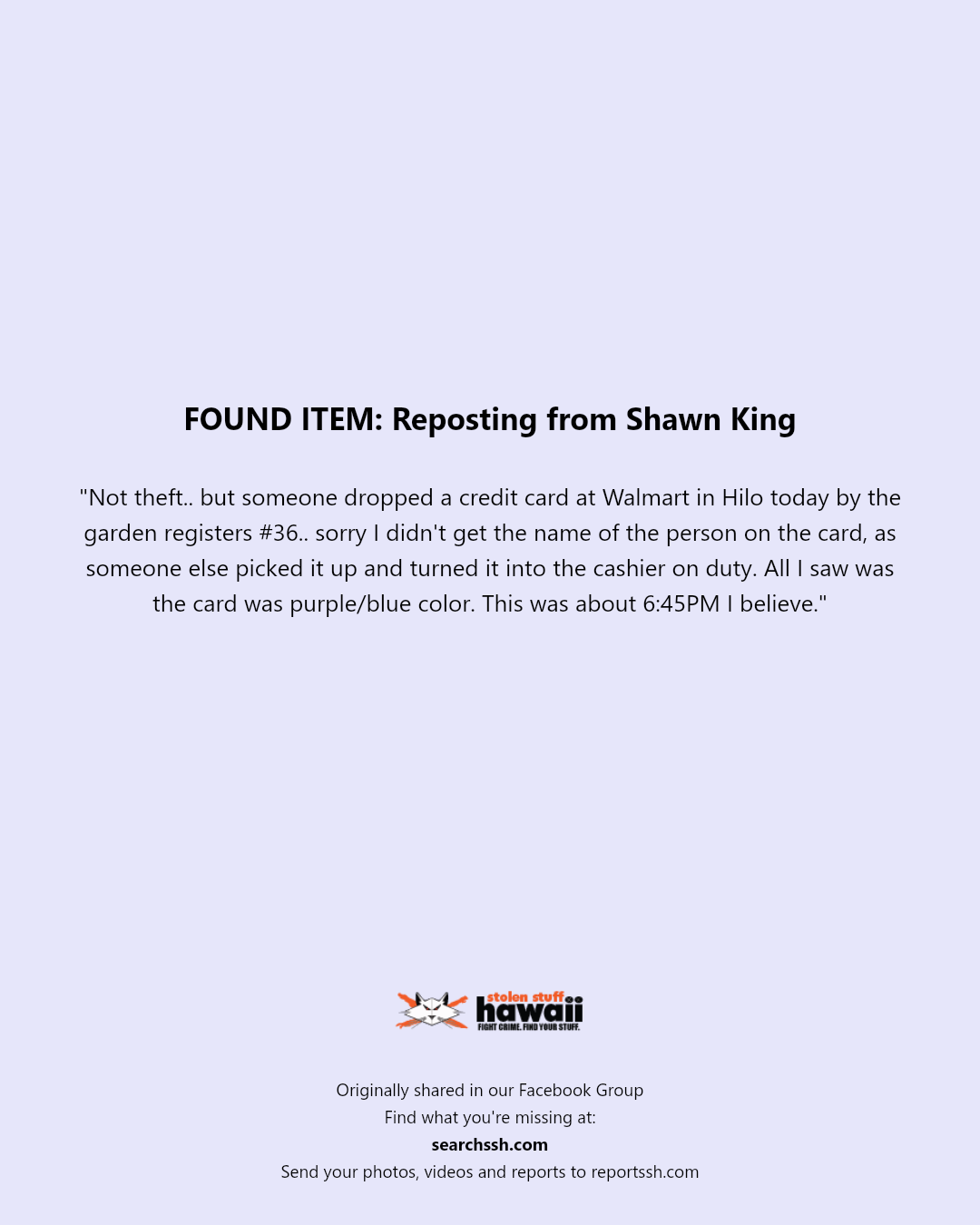 FOUND ITEM - Walmart in Hilo, Hawaii | Stolen Stuff Hawaii