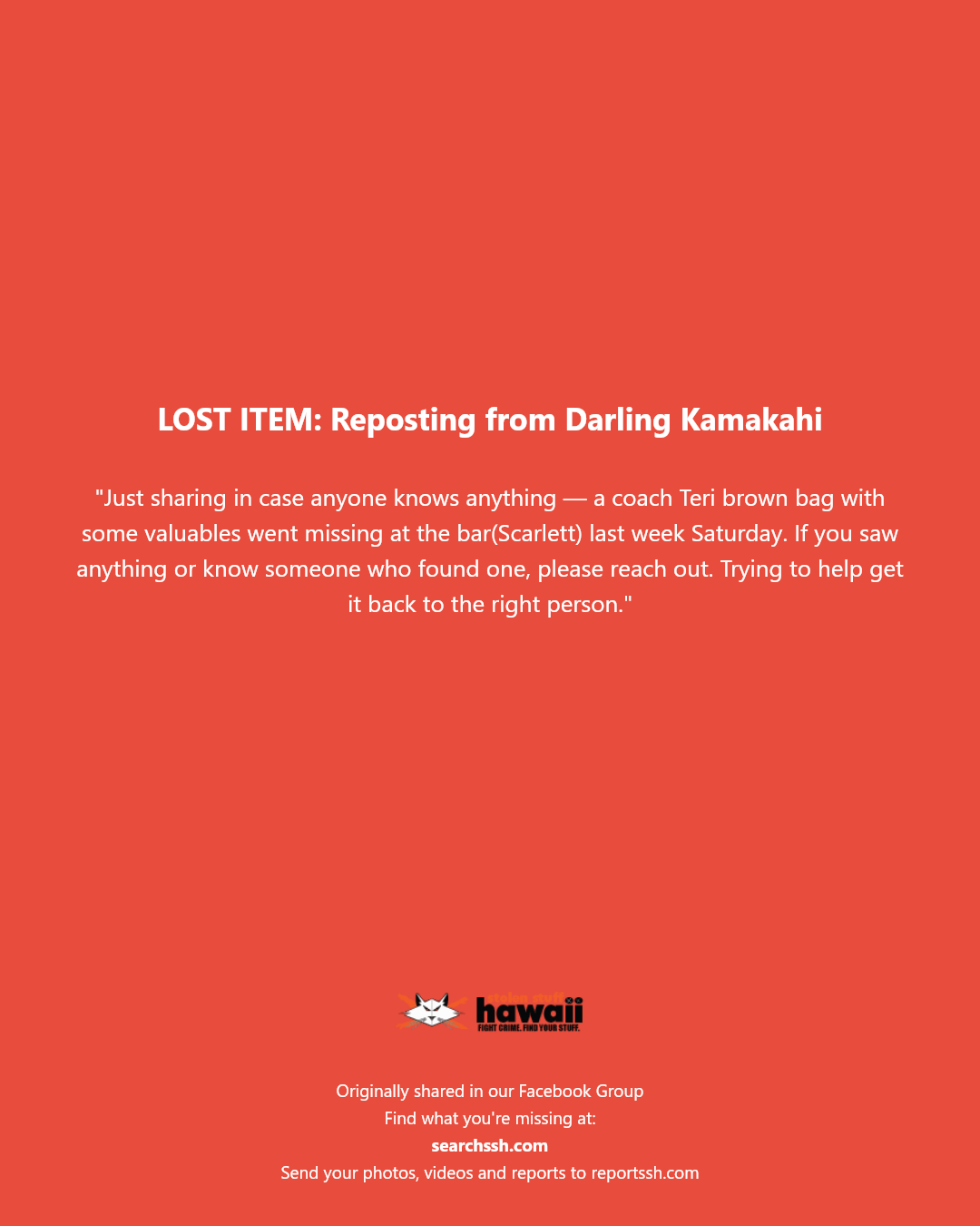 LOST ITEM - Scarlett Bar, Honolulu, Oahu | Stolen Stuff Hawaii