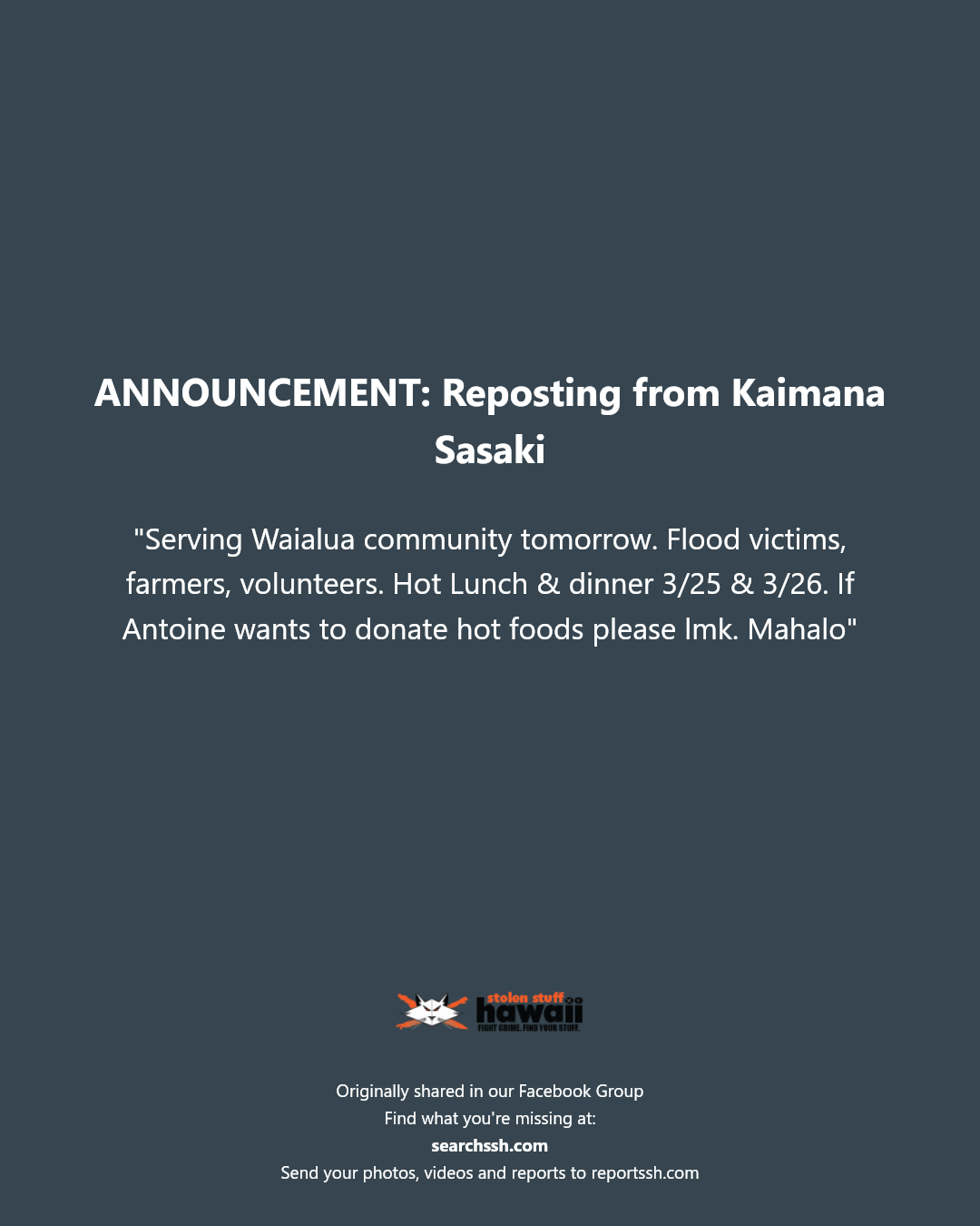 ANNOUNCEMENT - Waialua, Oahu | Stolen Stuff Hawaii