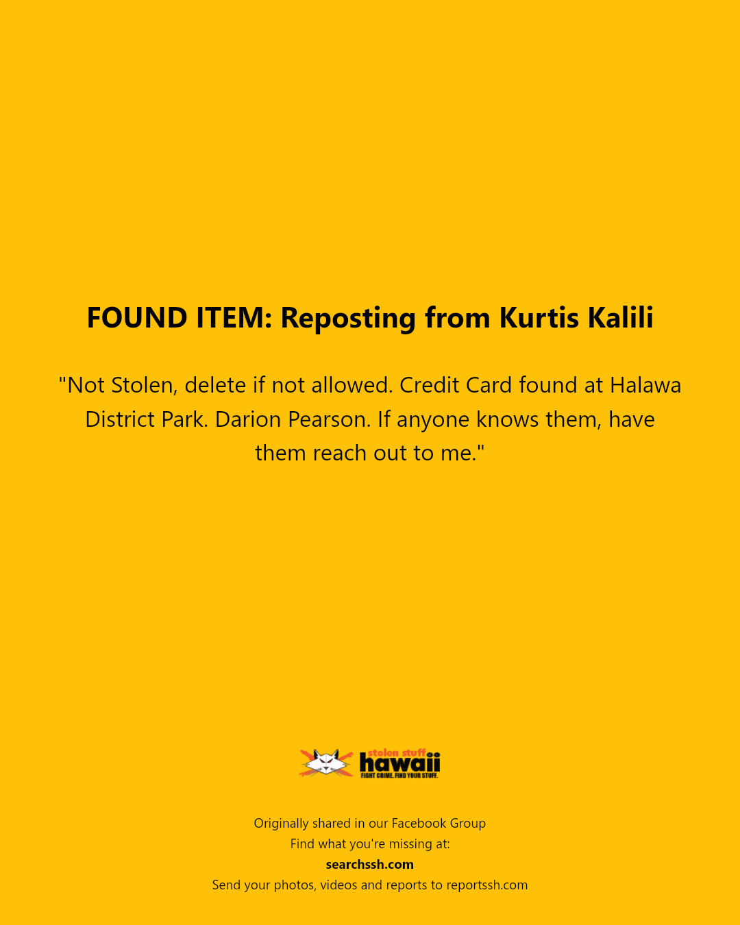 FOUND ITEM - Halawa District Park, Halawa, Oahu | Stolen Stuff Hawaii