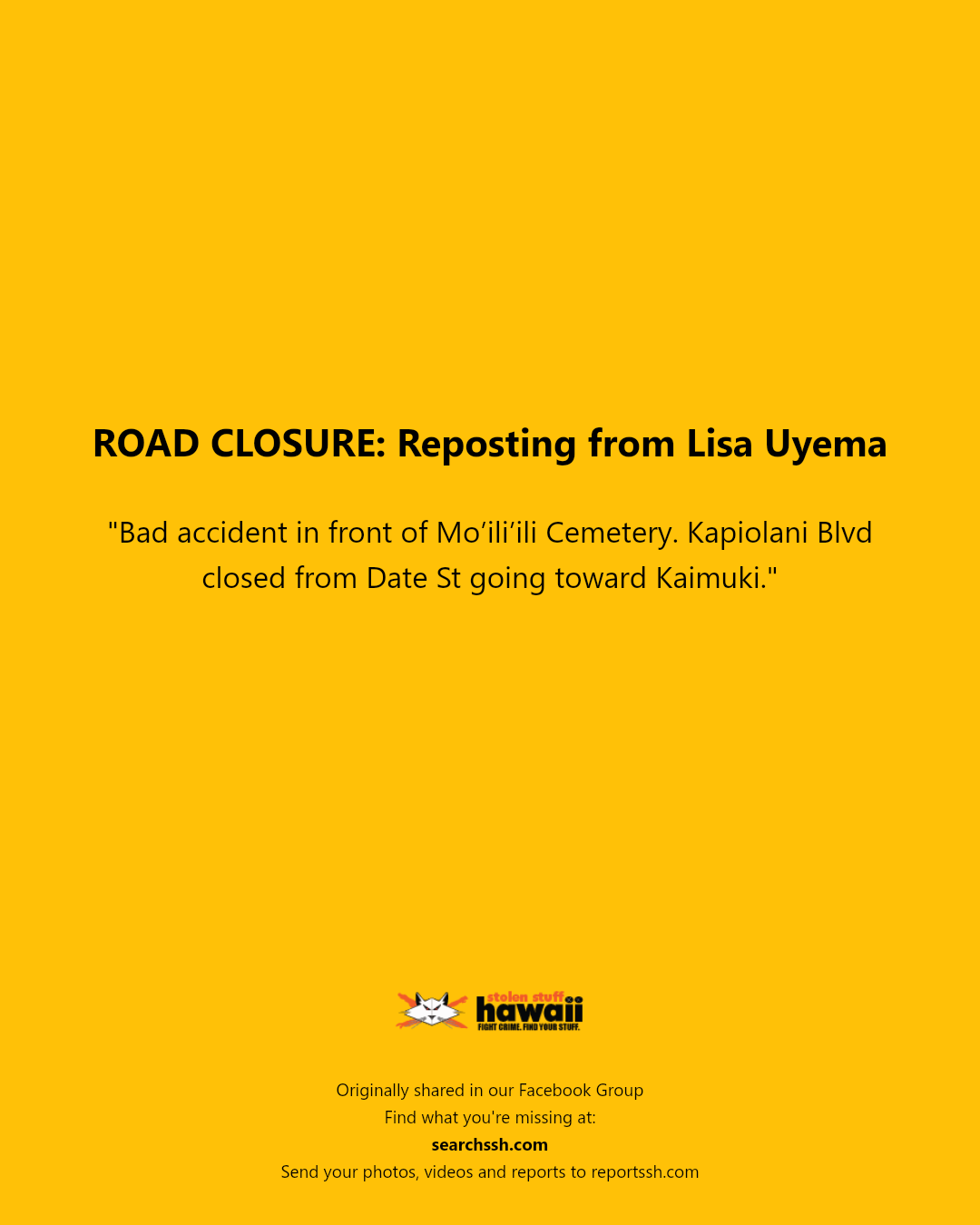 ROAD CLOSURE - Mo’ili’ili Cemetery, Kapiolani Blvd, Date St, Kaimuki | Stolen Stuff Hawaii