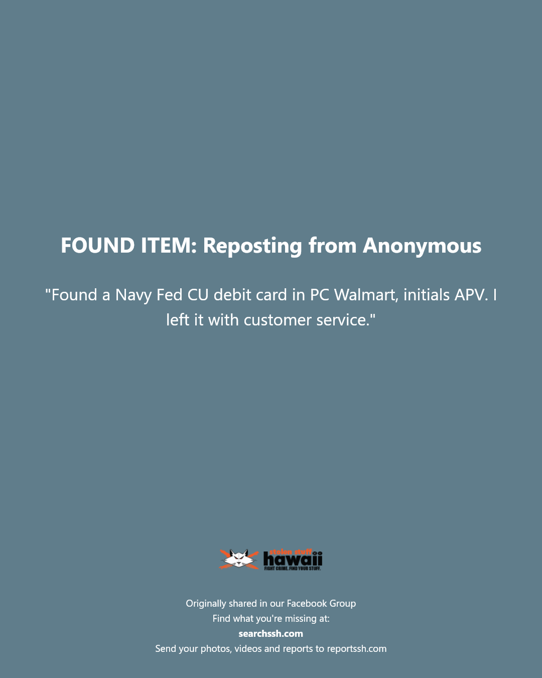 FOUND ITEM - Walmart, Pearl City, Oahu | Stolen Stuff Hawaii