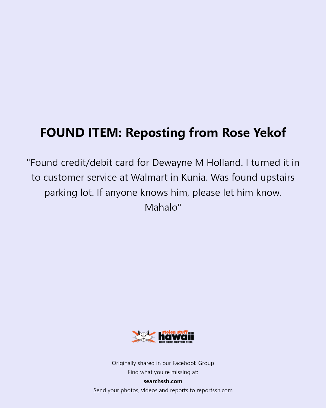 FOUND ITEM - Walmart in Kunia, Oahu | Stolen Stuff Hawaii