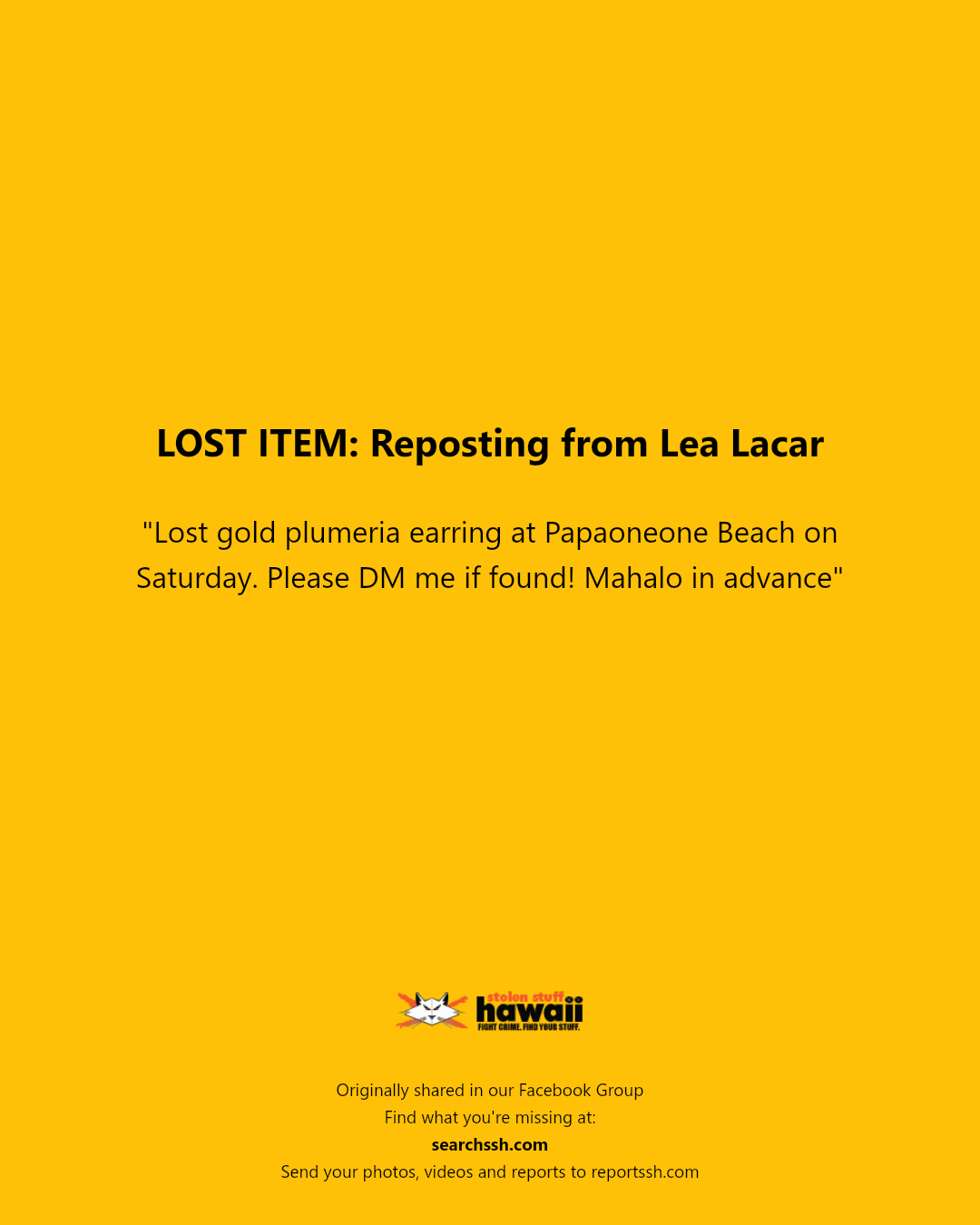 LOST ITEM - Papaoneone Beach, Oahu | Stolen Stuff Hawaii