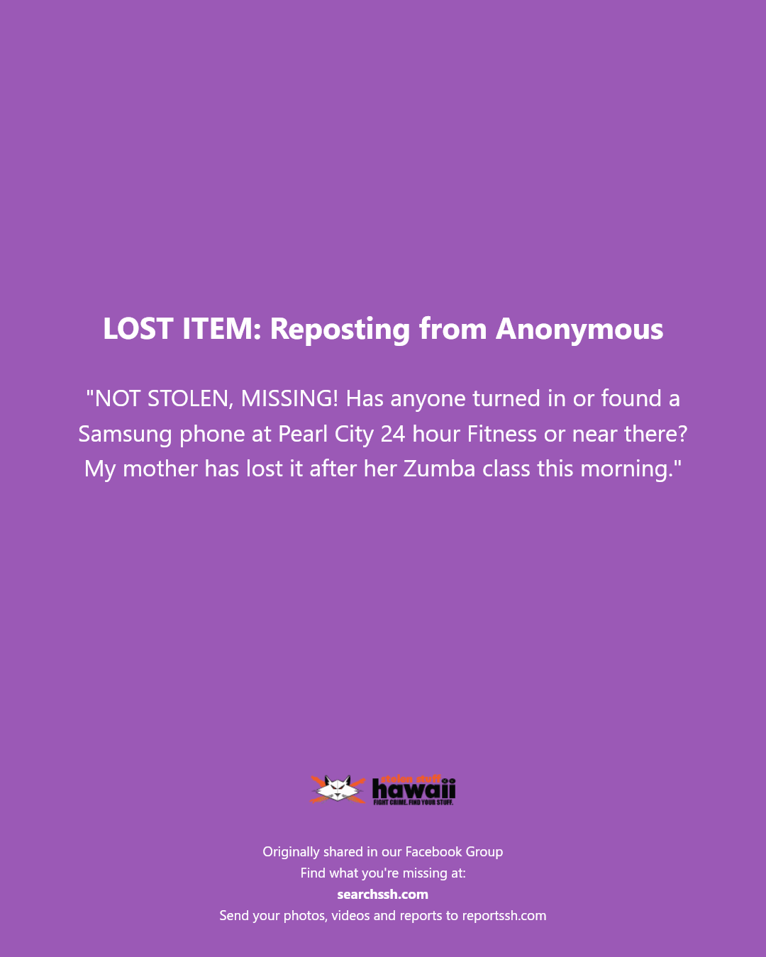 LOST ITEM - Pearl City 24 Hour Fitness, Pearl City, Oahu | Stolen Stuff Hawaii