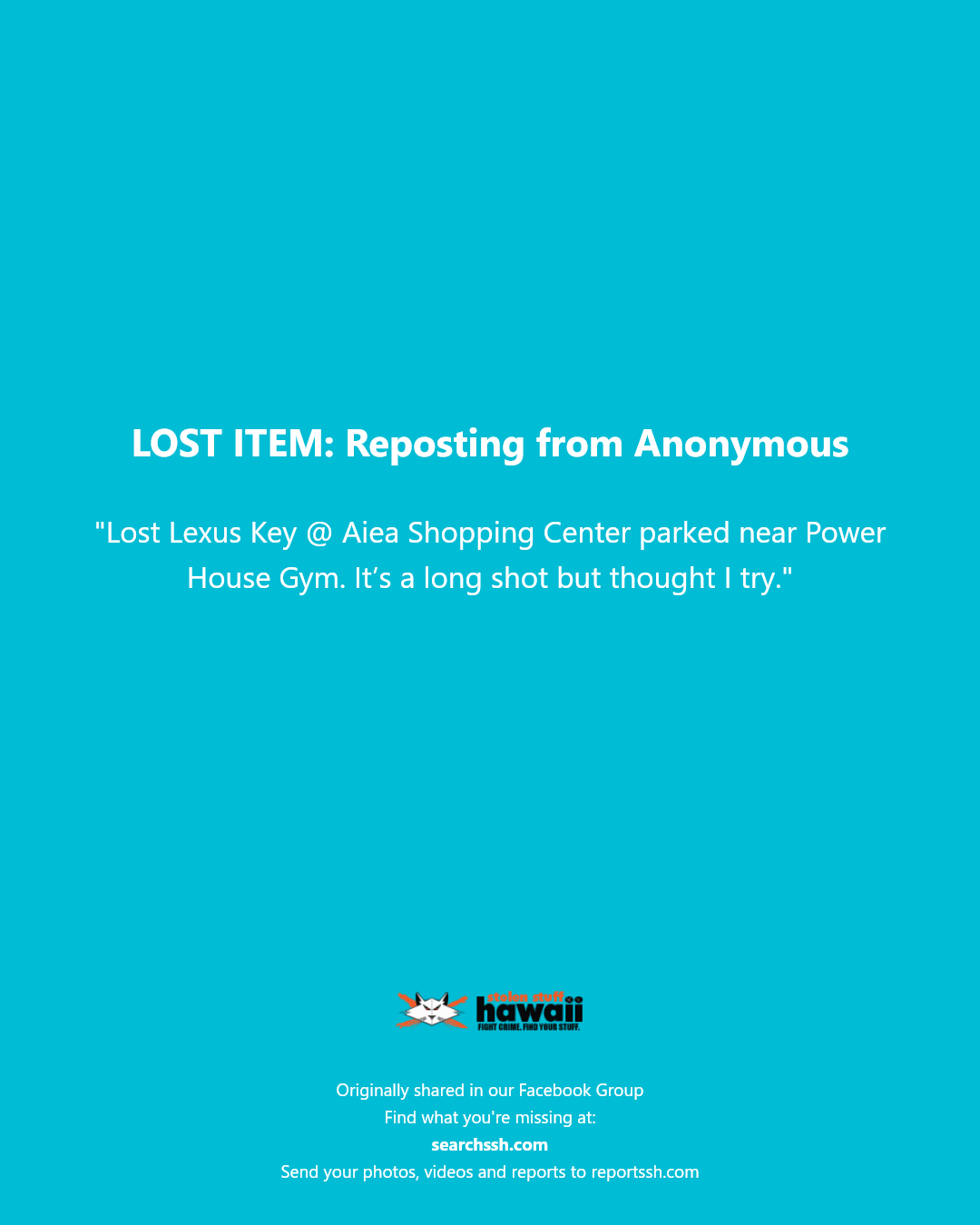 LOST ITEM - Aiea Shopping Center, Aiea, Oahu | Stolen Stuff Hawaii