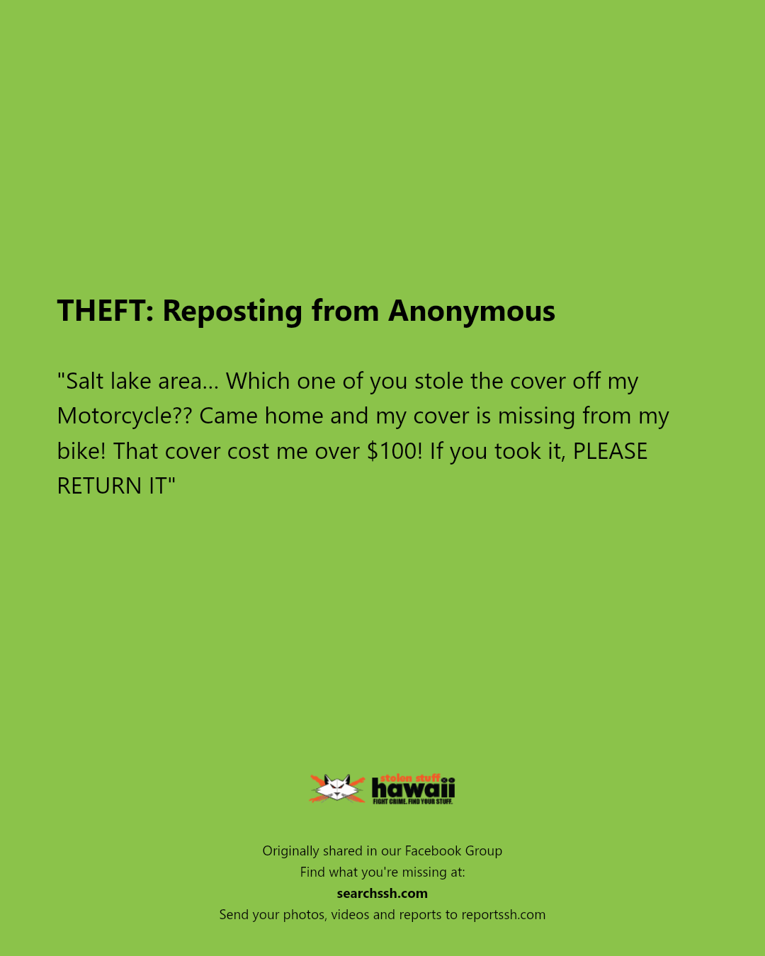 THEFT - Salt Lake area, Honolulu, Oahu | Stolen Stuff Hawaii