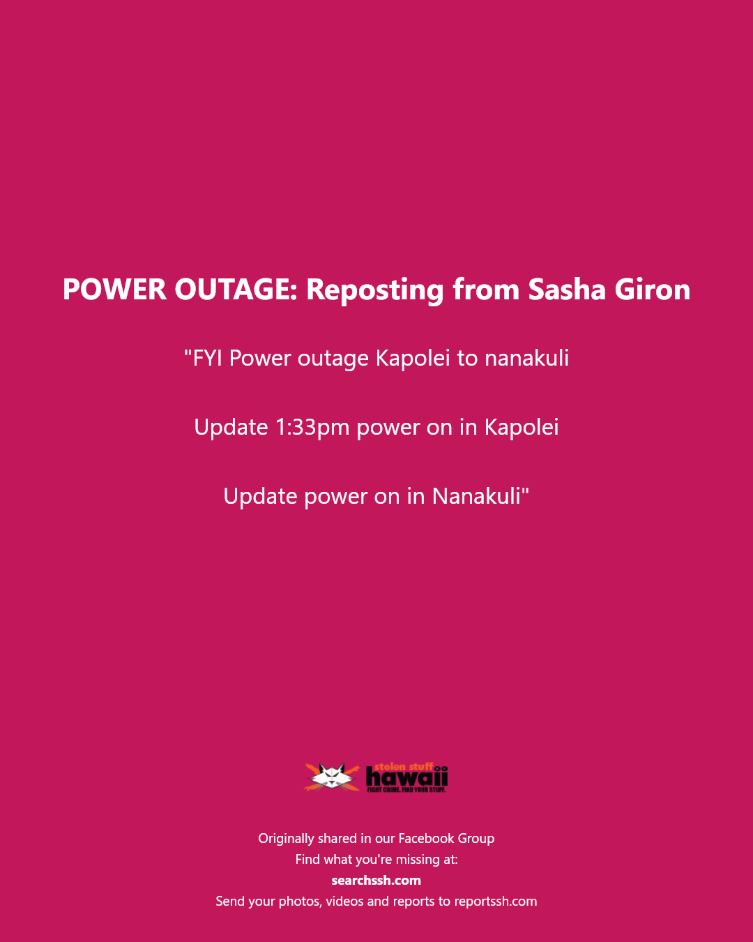 POWER OUTAGE - Unknown | Stolen Stuff Hawaii