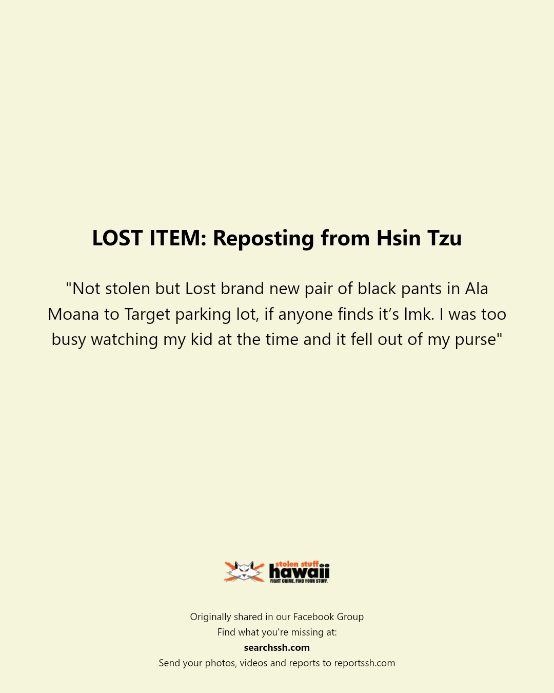 LOST ITEM - Ala Moana Center, Honolulu, Oahu | Stolen Stuff Hawaii