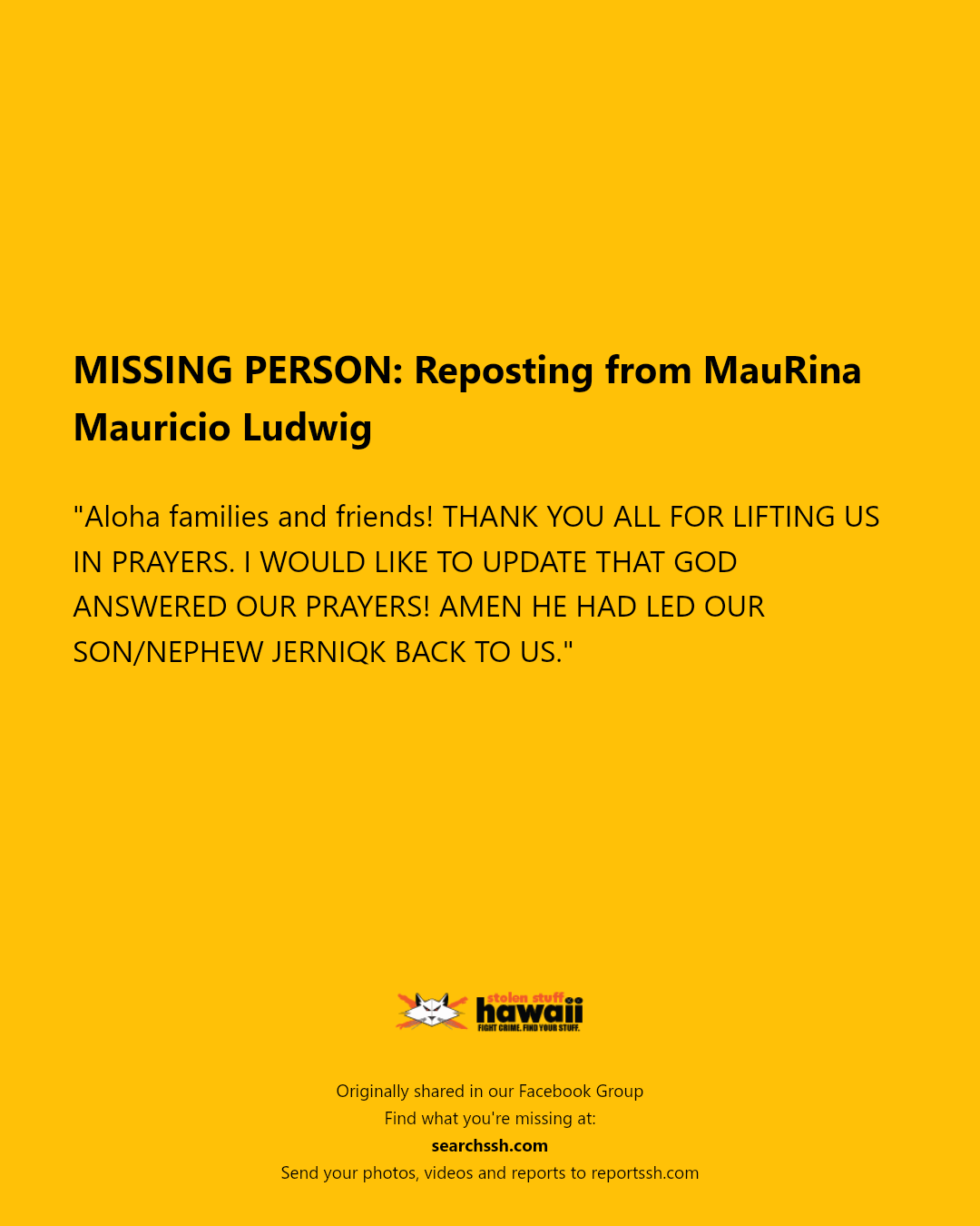 MISSING PERSON - Unknown | Stolen Stuff Hawaii